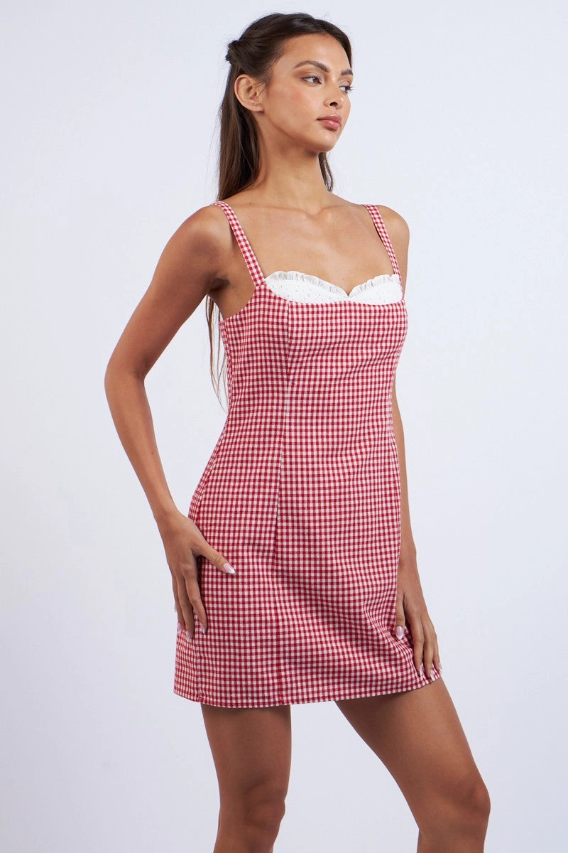 Checkered Lace Mini Dress - Red Skin Touch