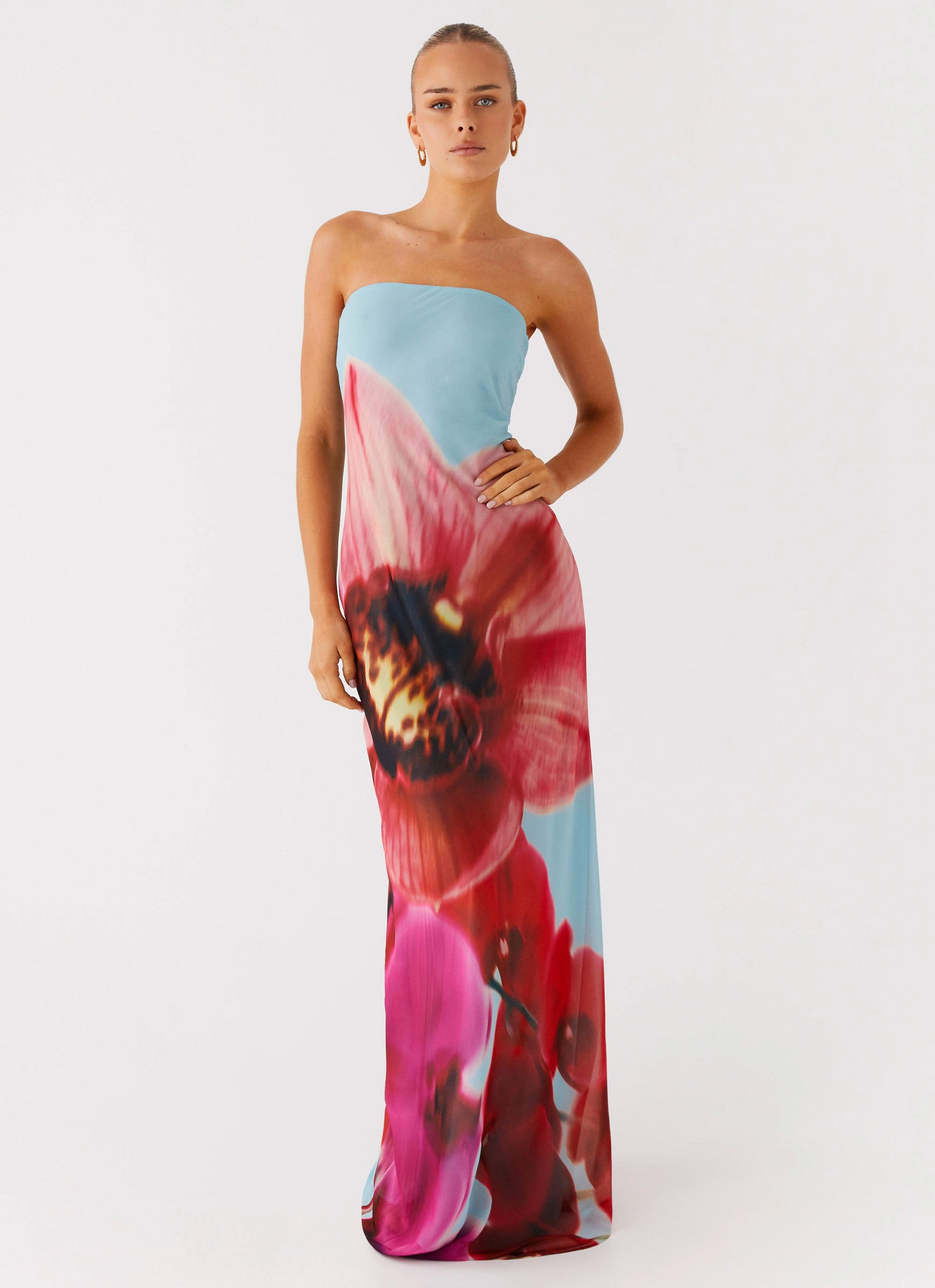 Pink Glow Glossy-Finish Amelle Maxi Dress - Turquoise Bloom