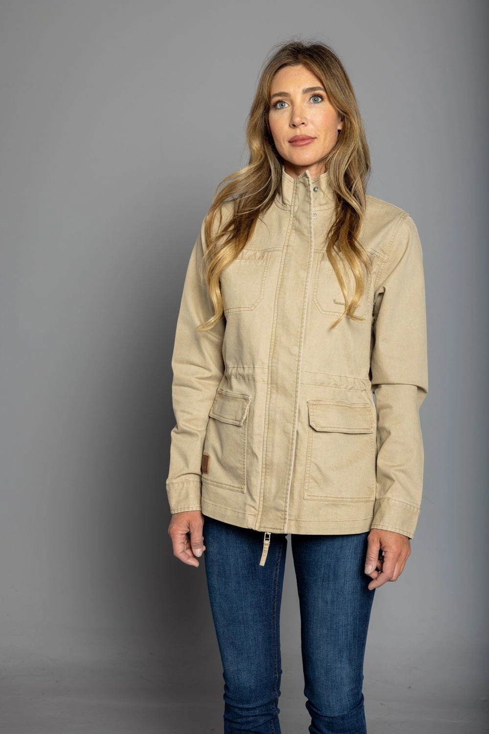 Kimes Ranch Womens Riggin Utility Khaki Cotton Blend Cotton Jacket Impact Absorbing Back Panels