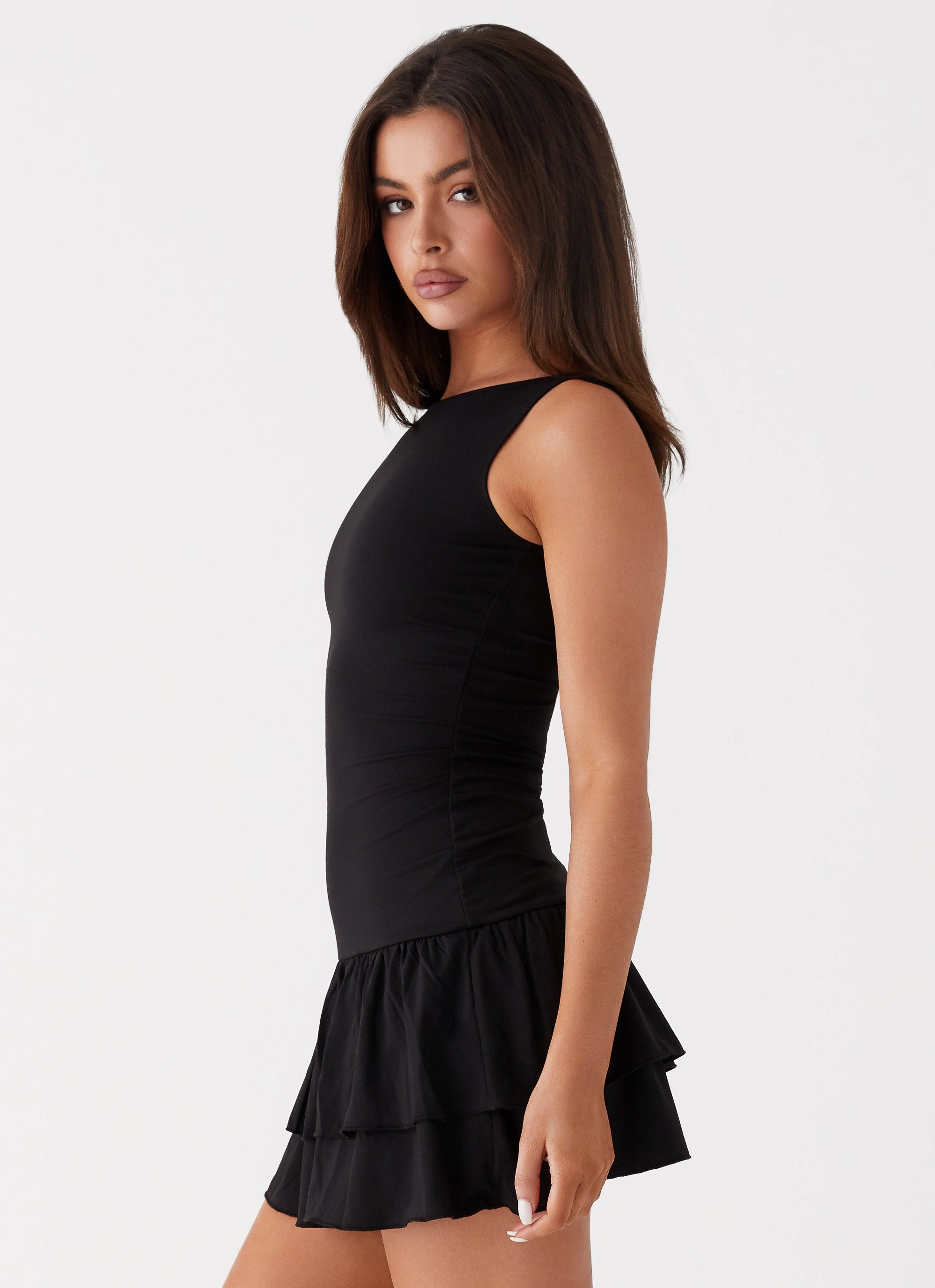 Rhiannon Frill Mini Dress - Black Halter-Neck