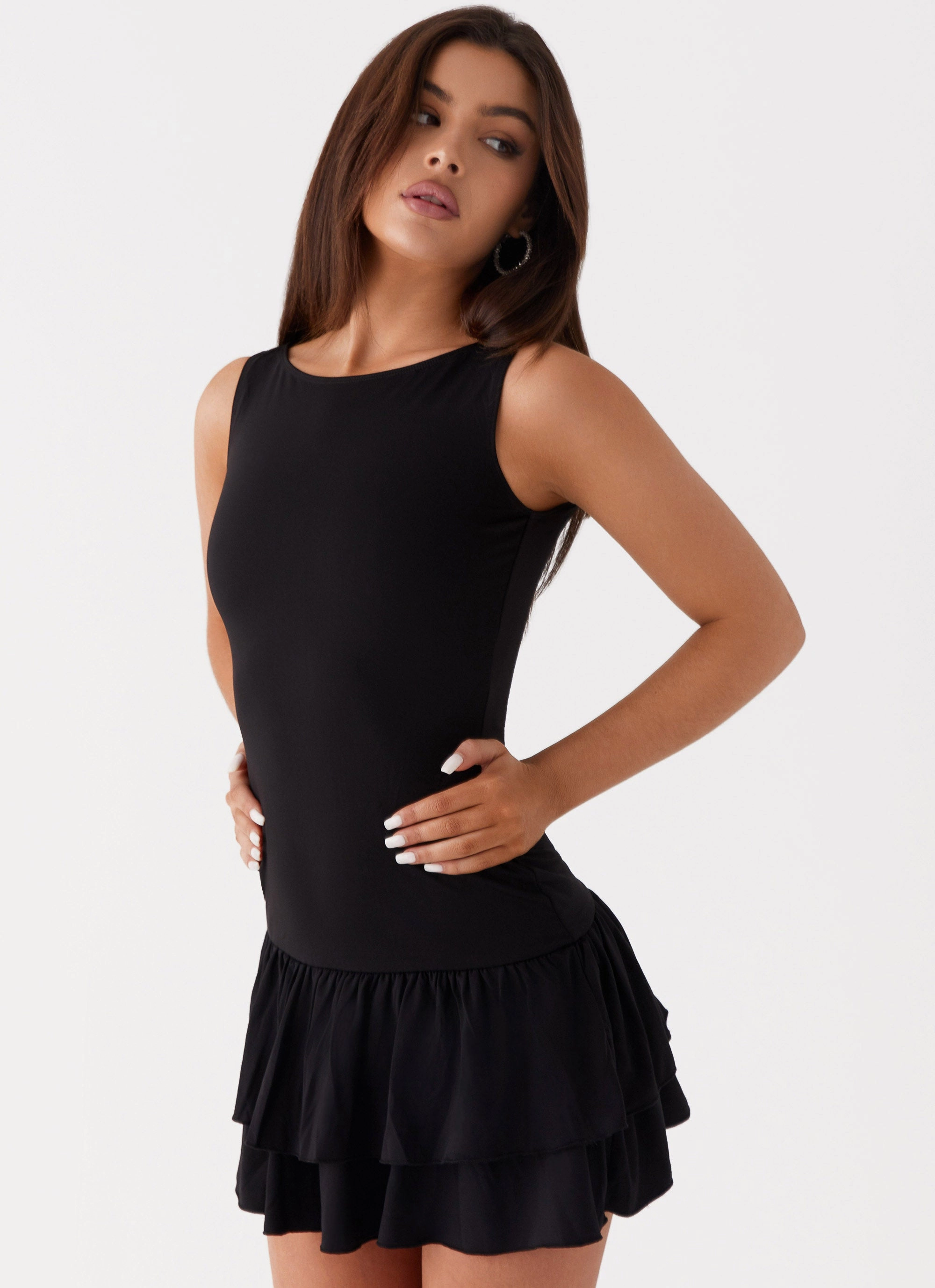 Wide Hemline Relax Piece Rhiannon Frill Mini Dress - Black
