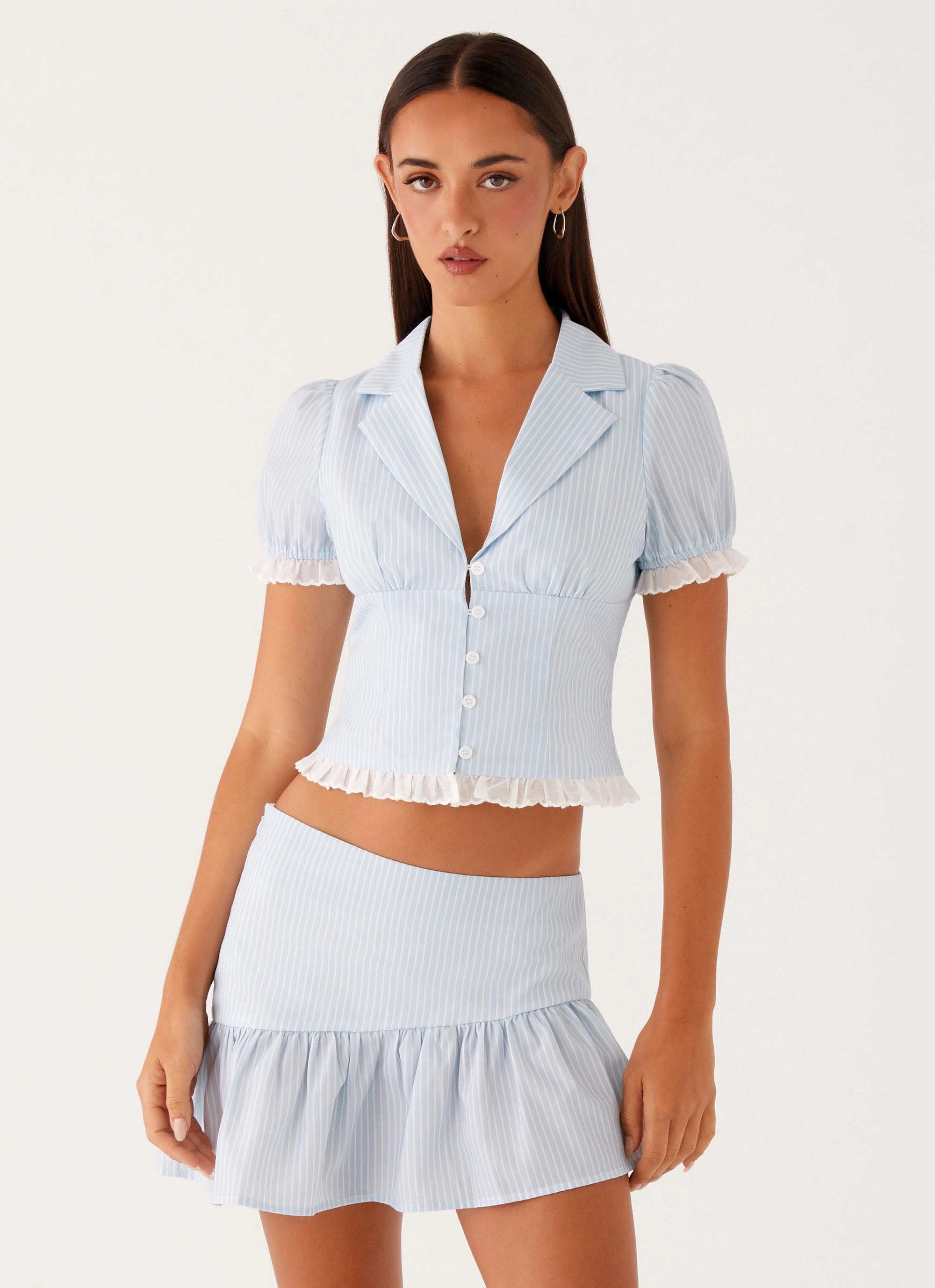 Bennett Button Up Top - Blue White Stripe Brushed Inner Layer Versatile Layering Cut