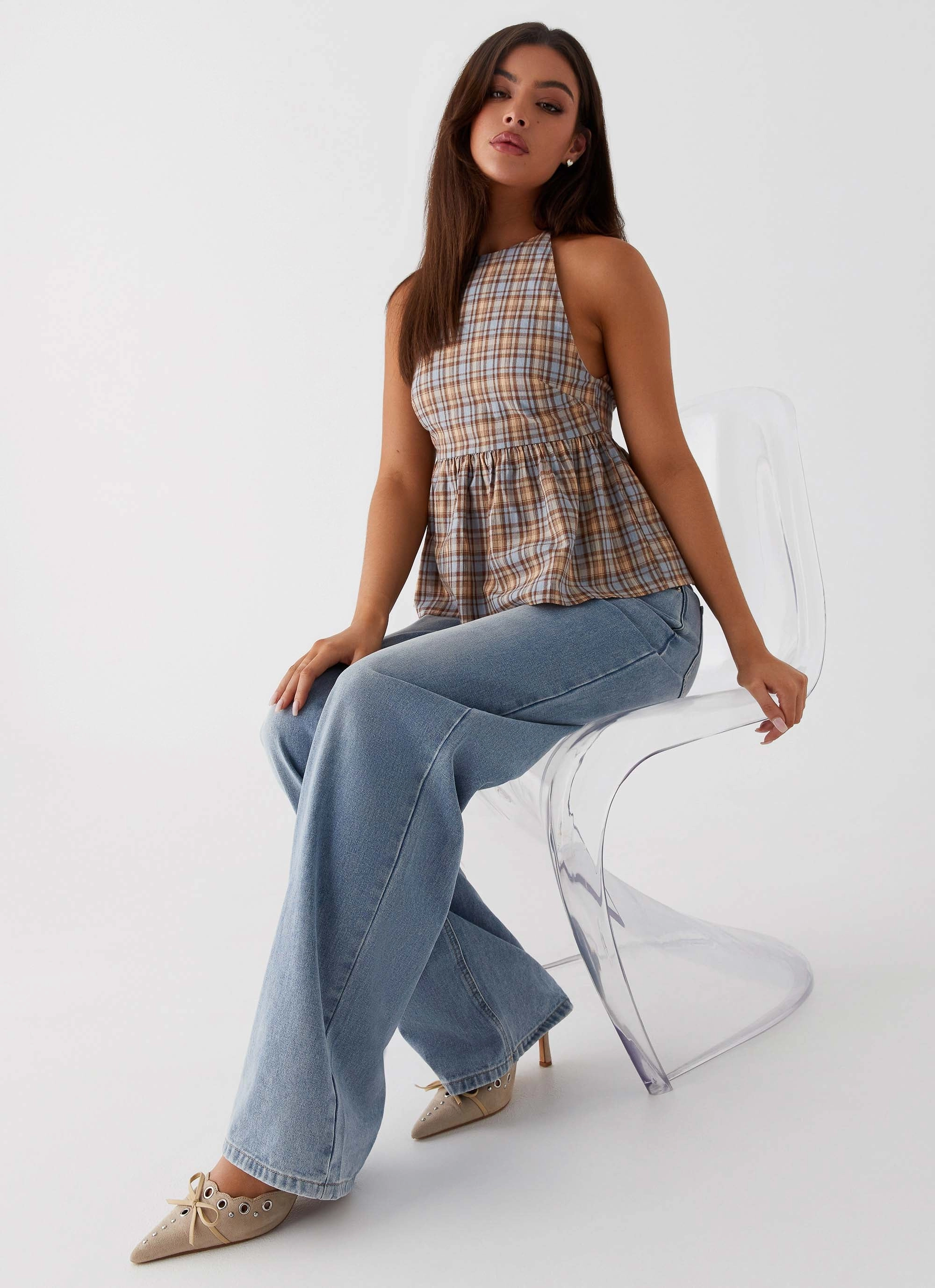 BreathableMeshInsert Fashionable Style Tanith Ruffle Top - Brown Check