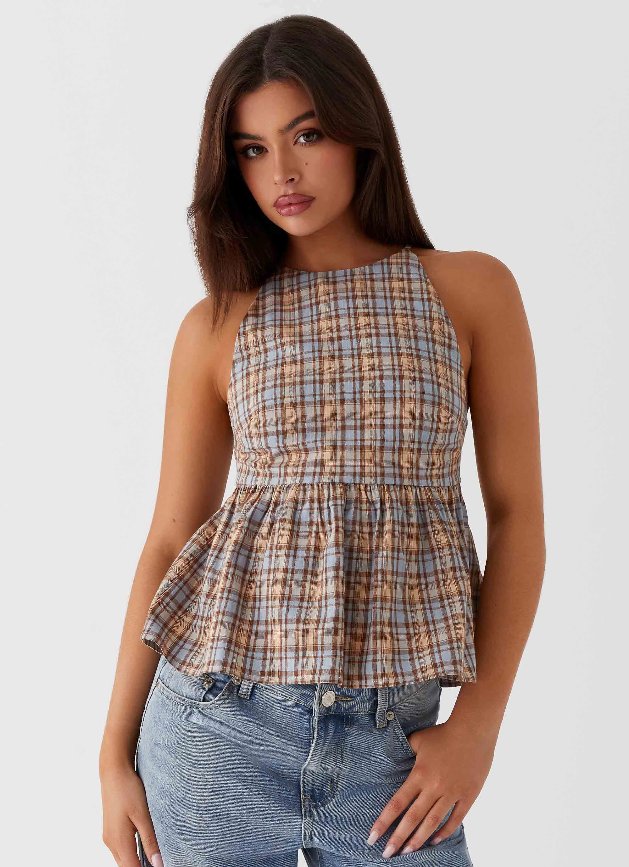 Tanith Ruffle Top - Brown Check PreShrunkFabric Reflective Accent Stripes
