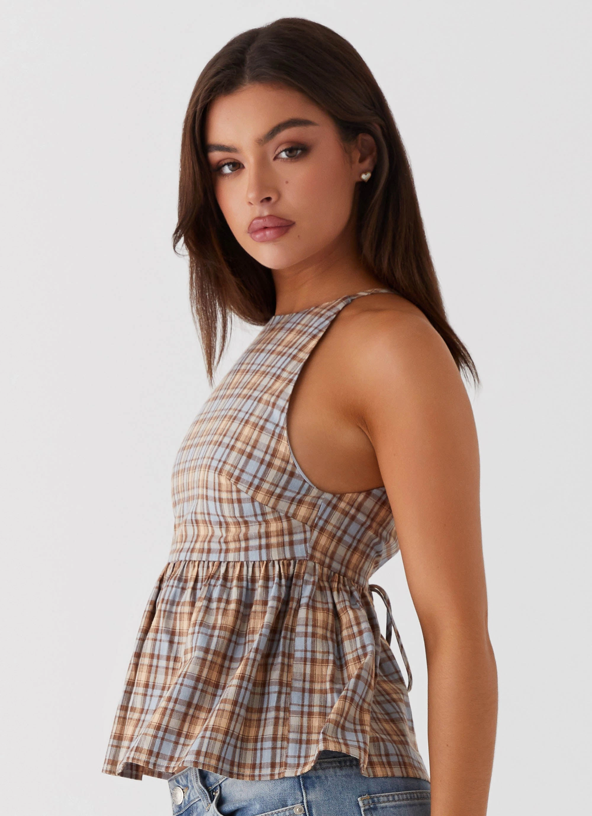 Tanith Ruffle Top - Brown Check ReinforcedHem