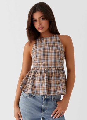 Tanith Ruffle Top - Brown Check PreShrunkFabric Reflective Accent Stripes