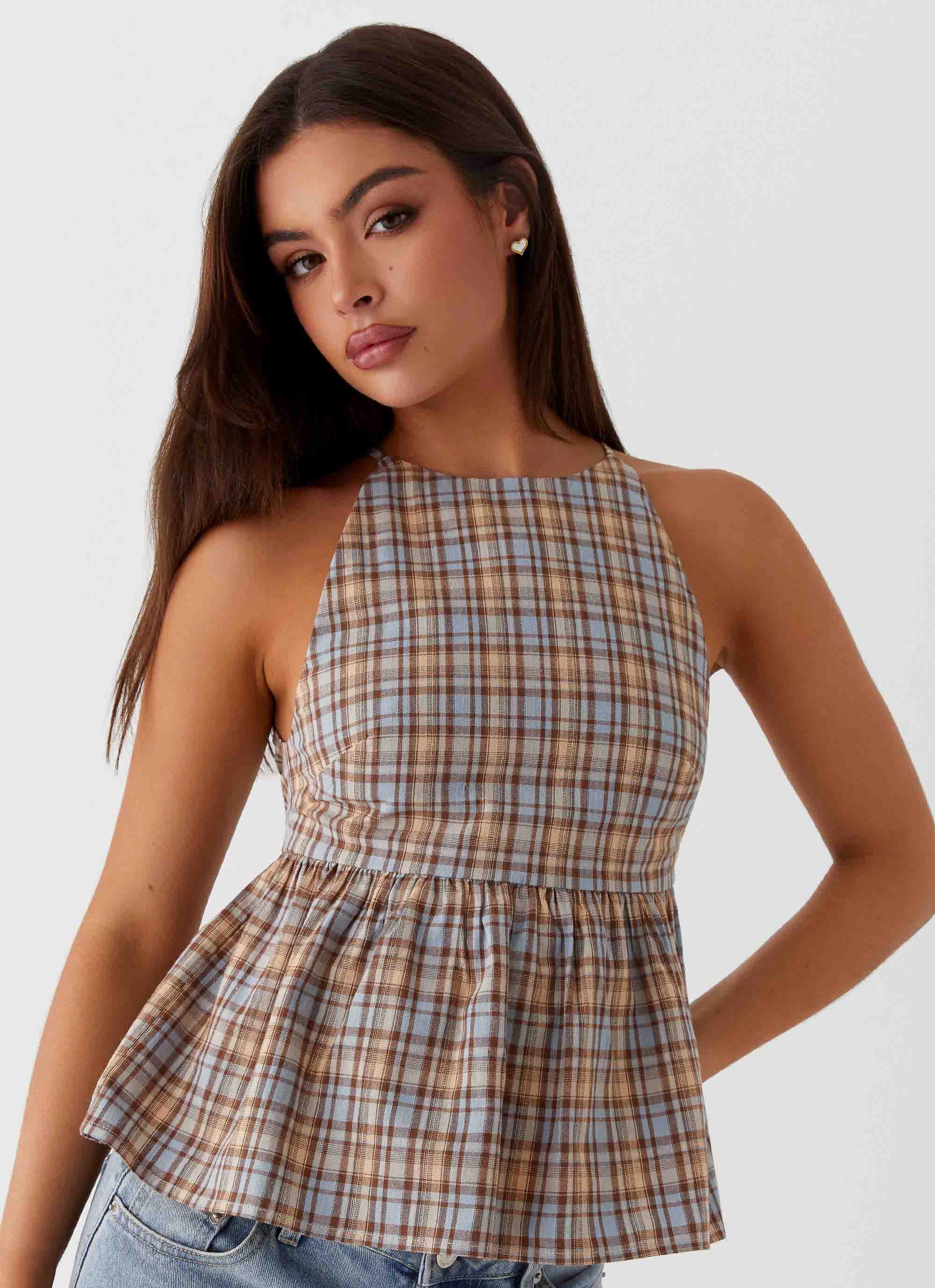 Tanith Ruffle Top - Brown Check Wicking Inner Lining Reinforced Shoulder