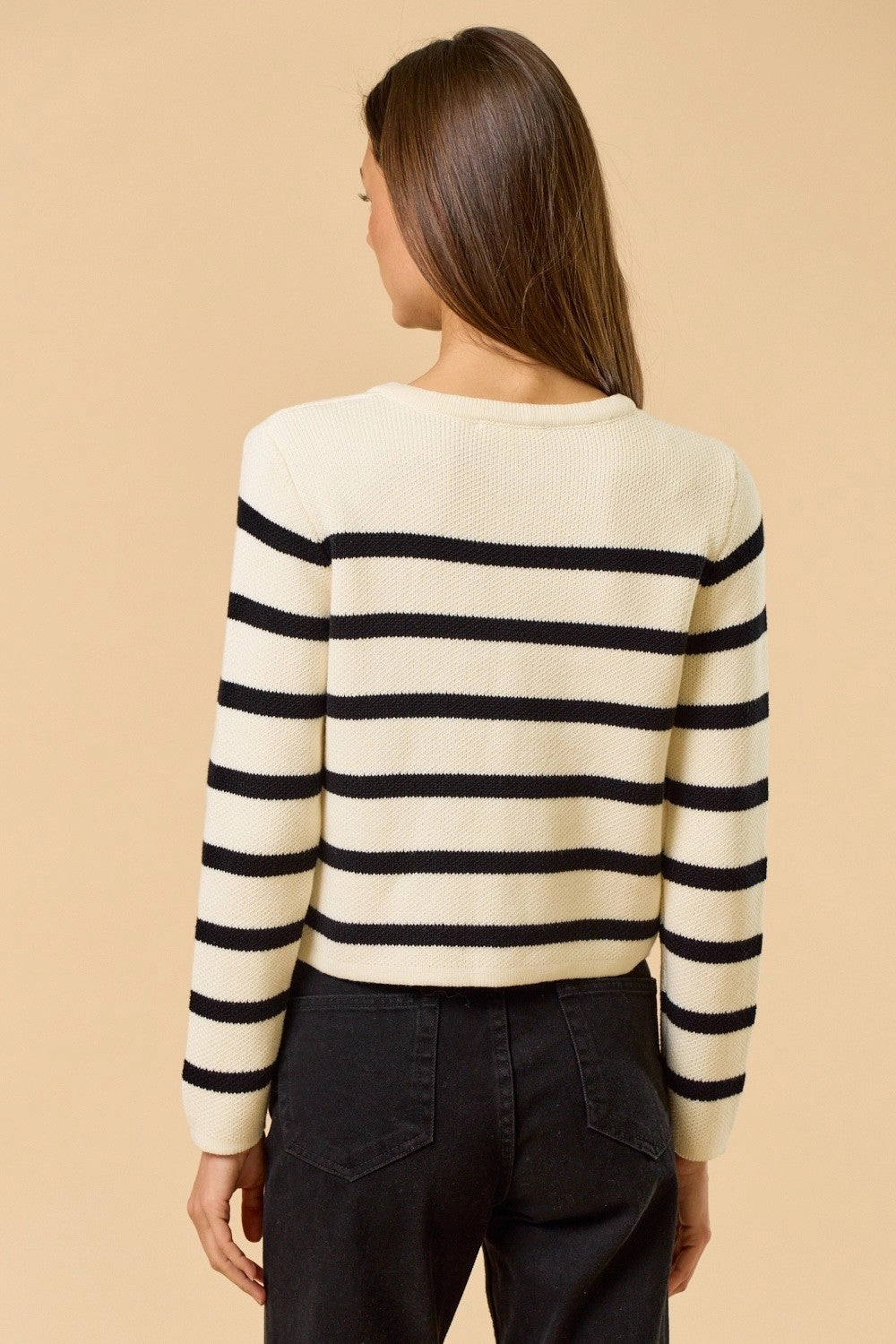 Pocket Reinforcement Striped Gold Button Cardigan