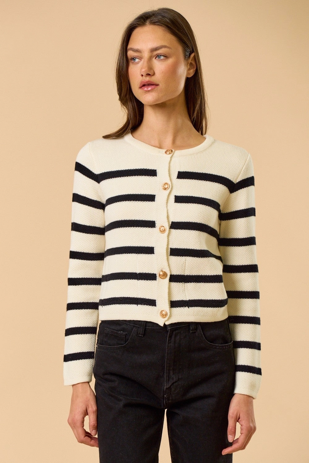 Striped Gold Button Cardigan Compact Stitching