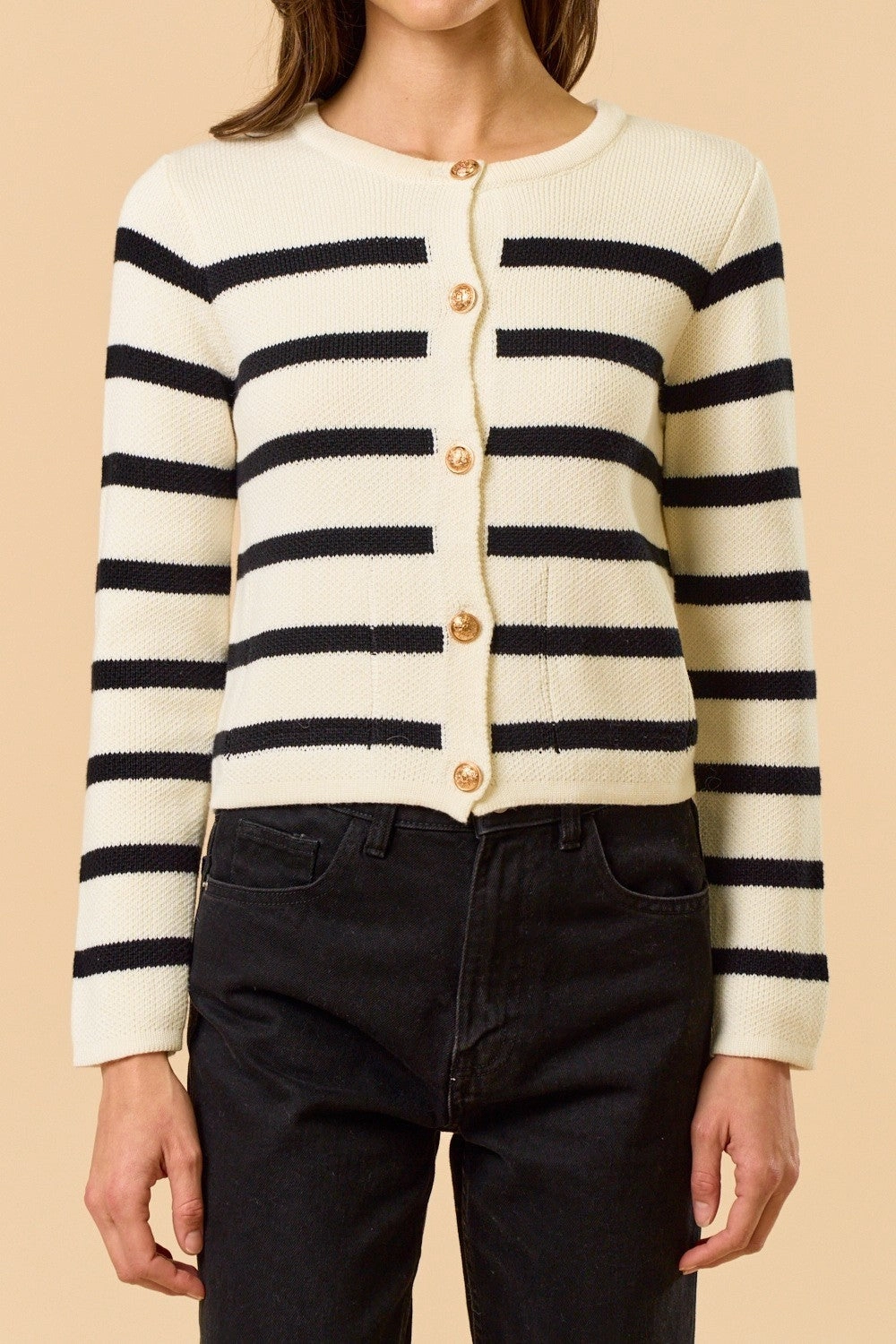 Striped Gold Button Cardigan Friction Resistant Edges