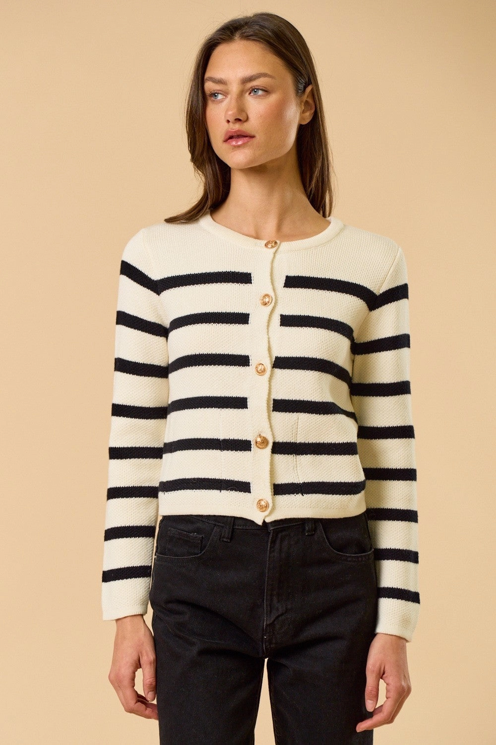 Striped Gold Button Cardigan Soft Knit Style
