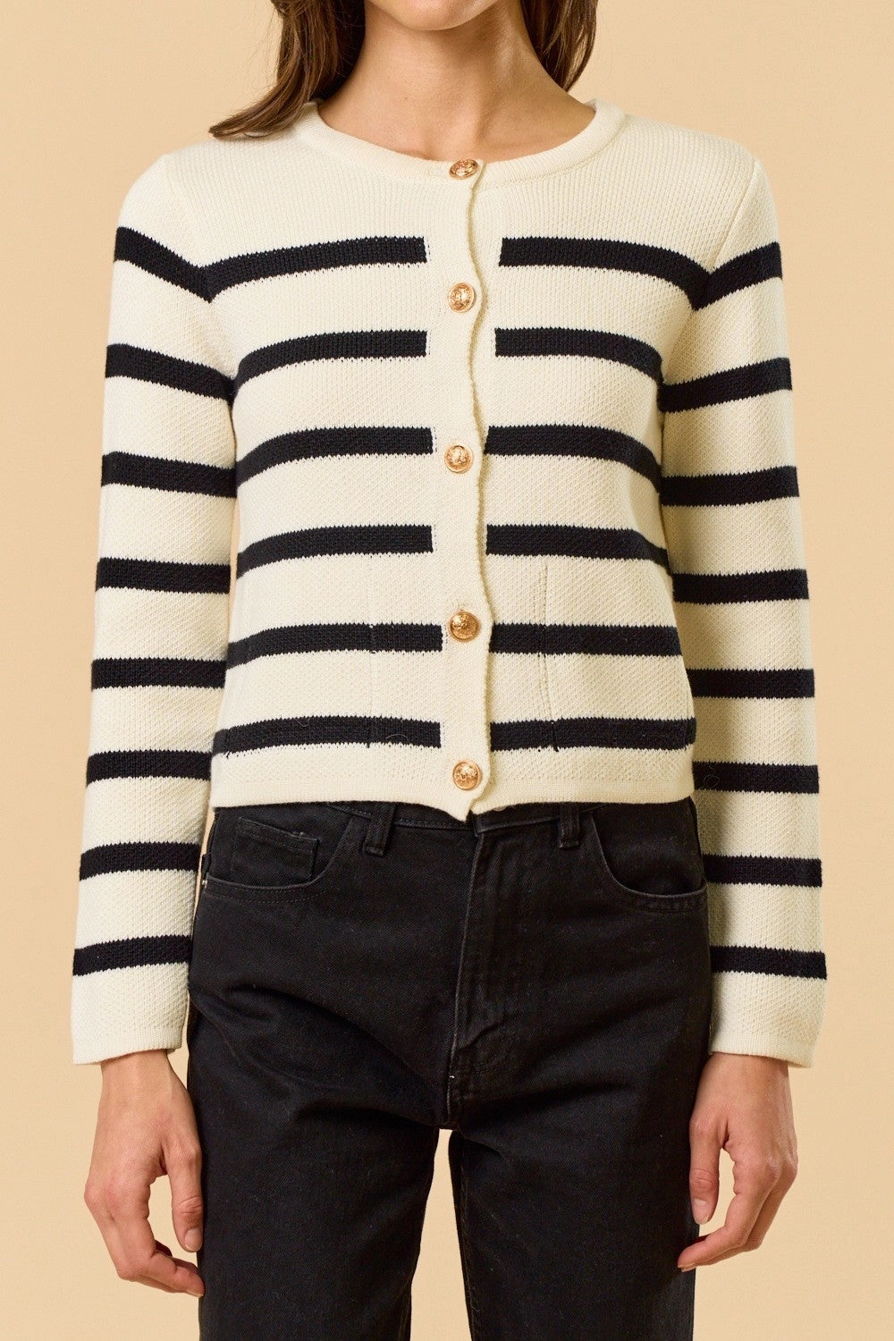 Bound Seam Edges All-Purpose Wear Striped Gold Button Cardigan