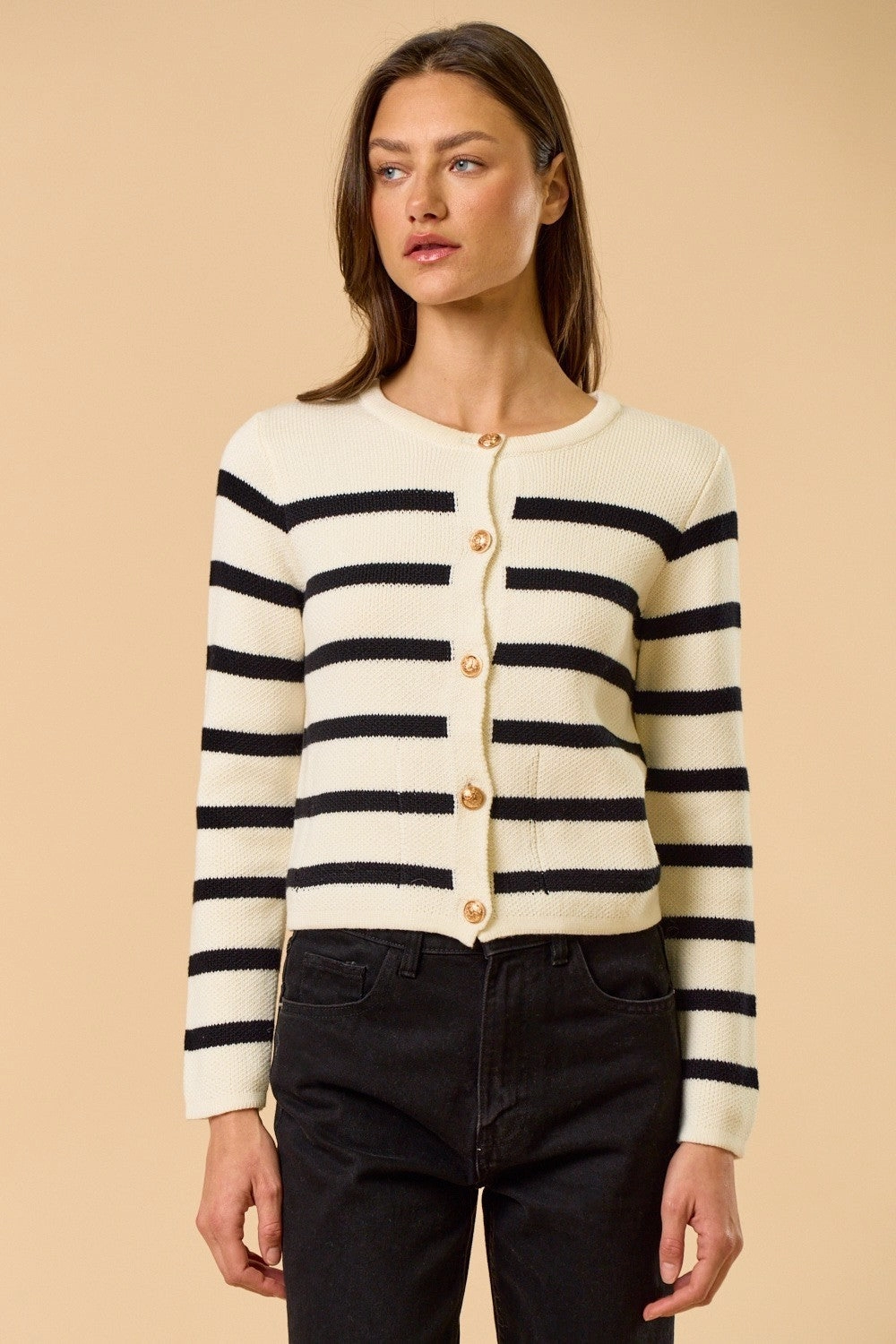 CollapsibleFrame Striped Gold Button Cardigan