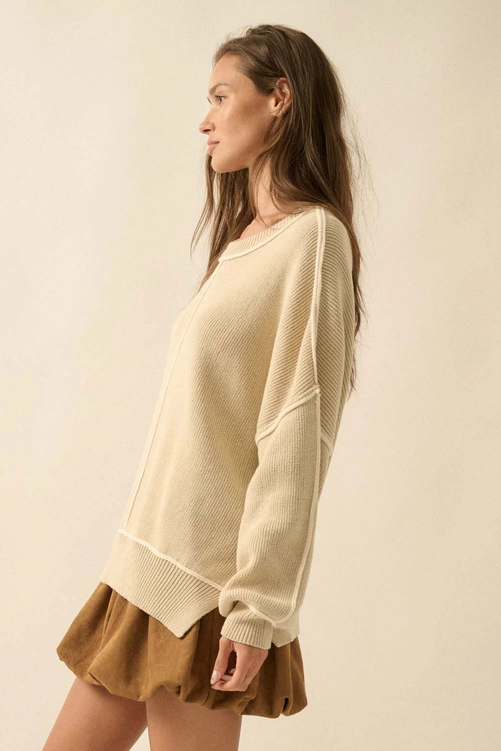 Ribbed Knit Oversized Sweater - Oatmeal Non Iron Fabric Built In Filter Layer