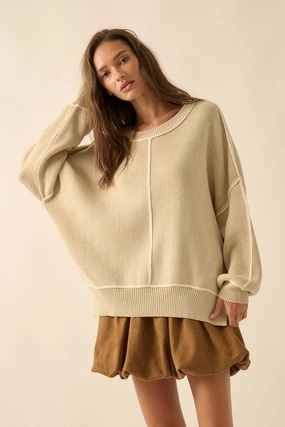 Warm Layering Comfy Knitwear Look Ribbed Knit Oversized Sweater - Oatmeal