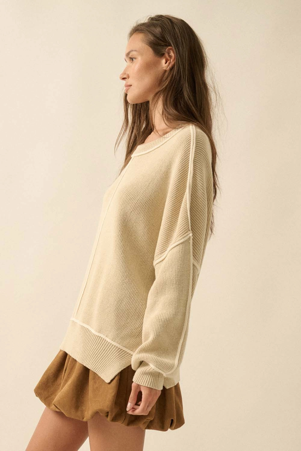 Ribbed Knit Oversized Sweater - Oatmeal Erasable Surface Coating