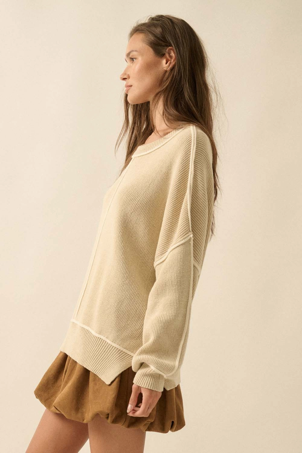 Ribbed Knit Oversized Sweater - Oatmeal Durable Overlock Stitch