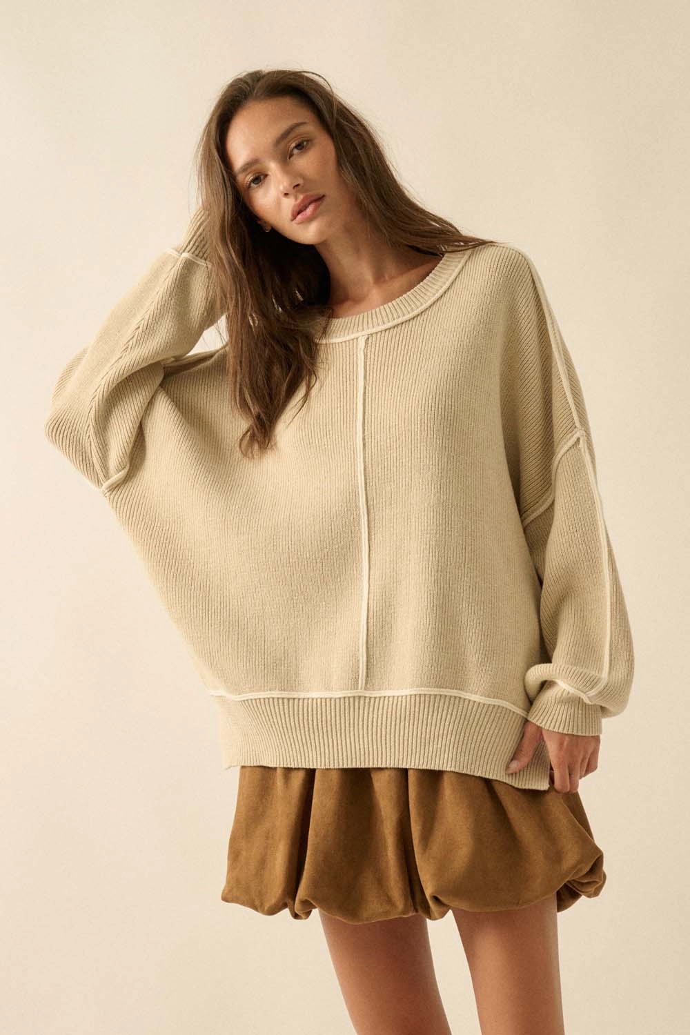 Ribbed Knit Oversized Sweater - Oatmeal Fade Resistant Coating