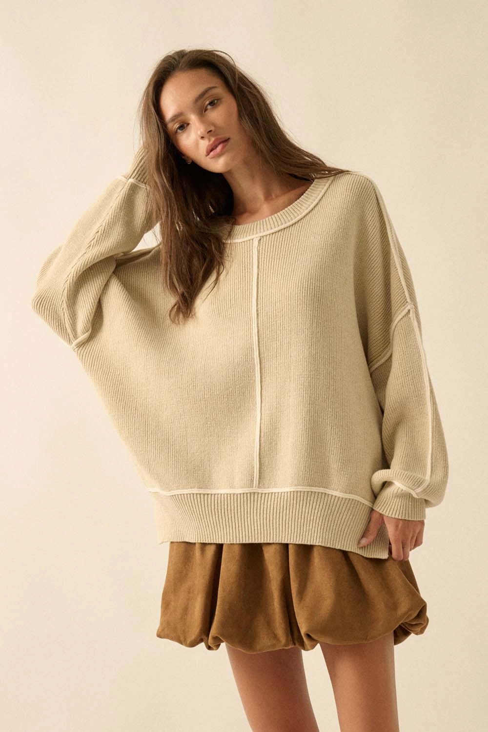 Warm Layering Comfy Knitwear Look Ribbed Knit Oversized Sweater - Oatmeal