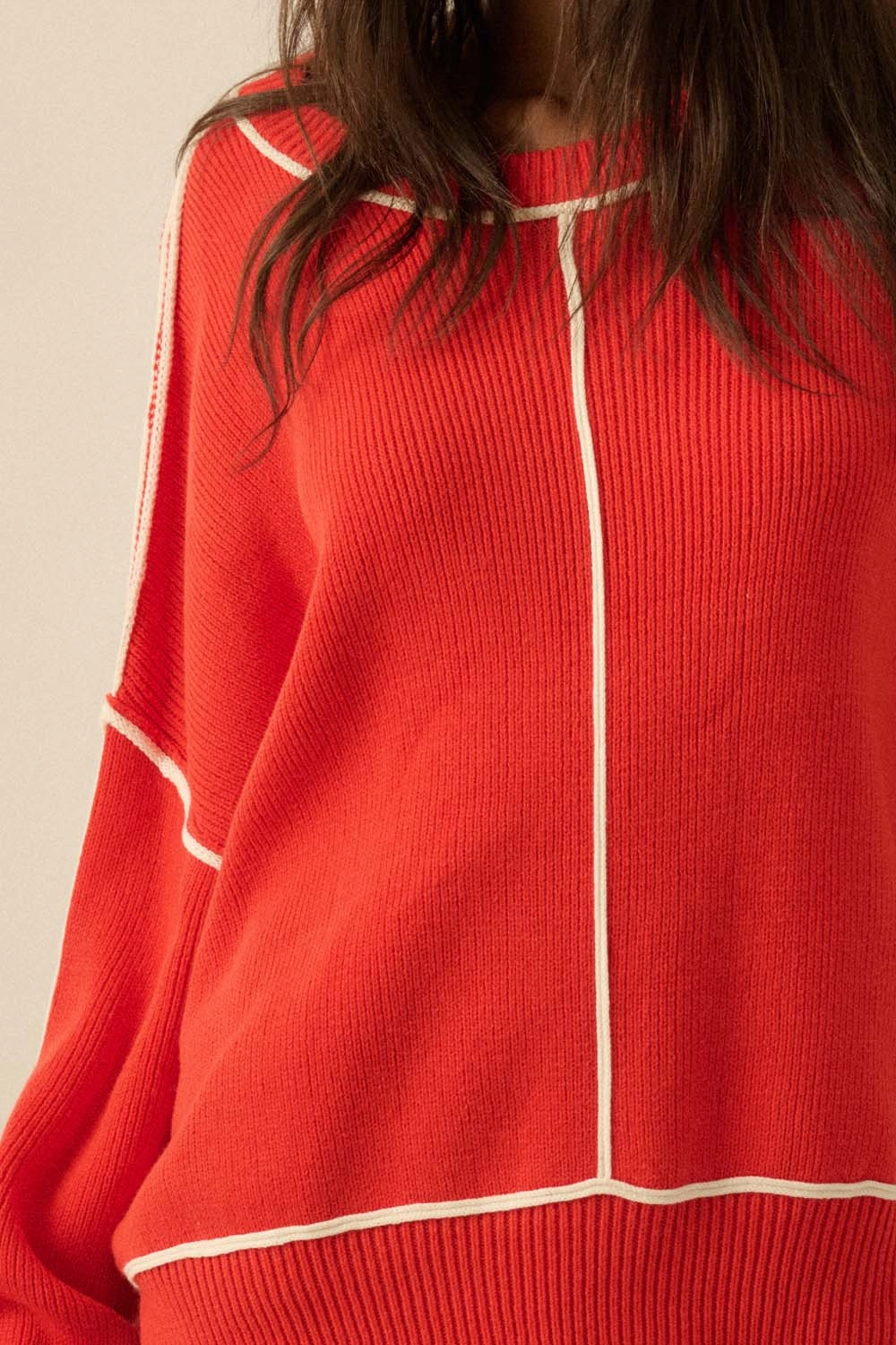 Long Sleeve Tee Ribbed Knit Oversized Sweater - Red