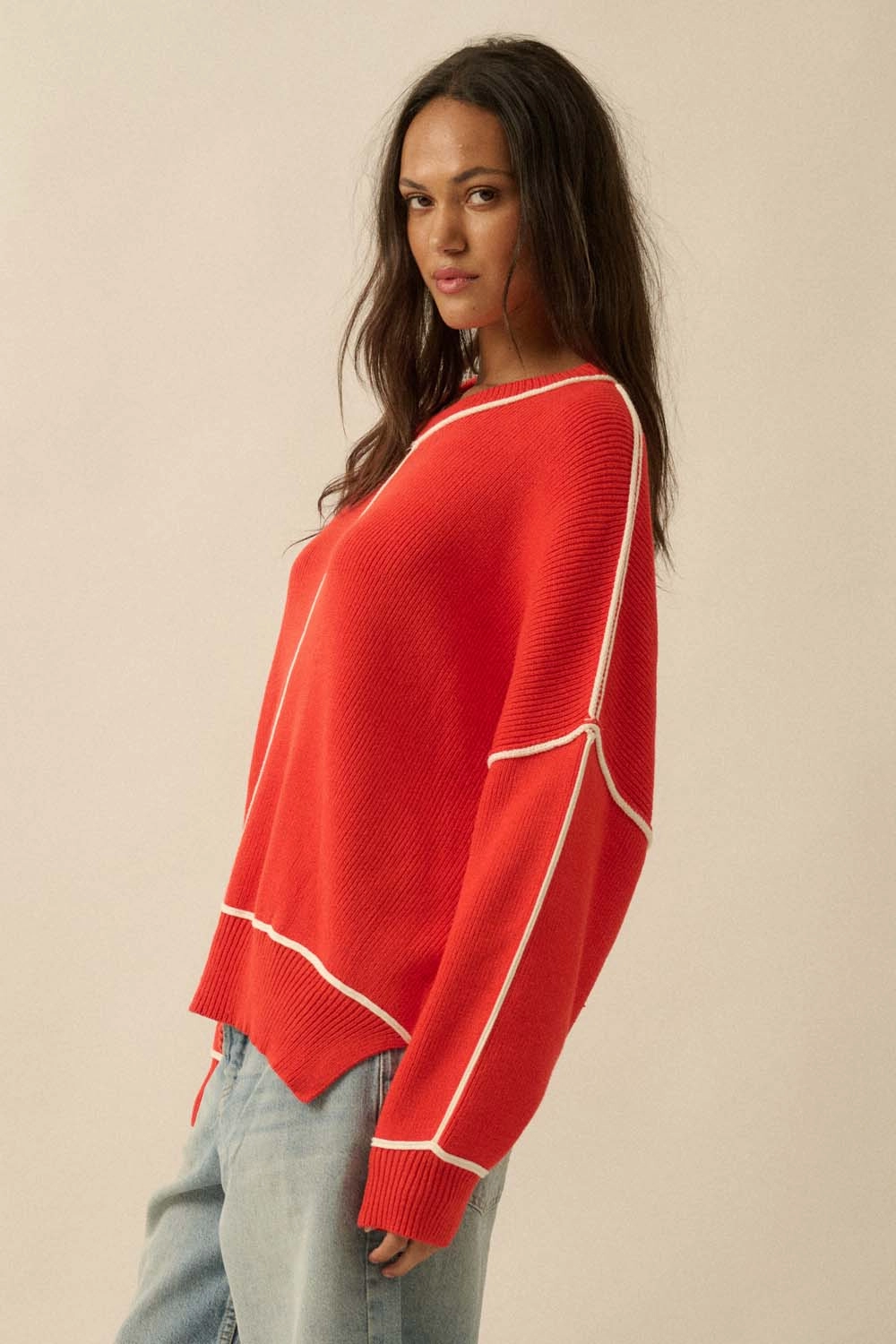 BlendMaterials SoftKnit Ribbed Knit Oversized Sweater - Red