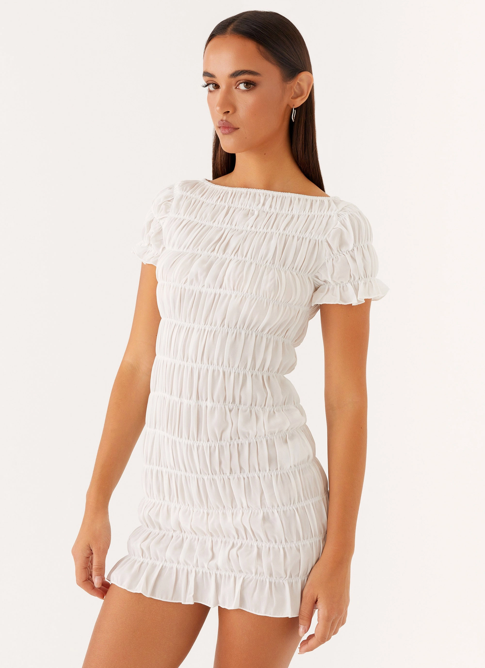 Rita Ruched Mini Dress - White Mini-Length