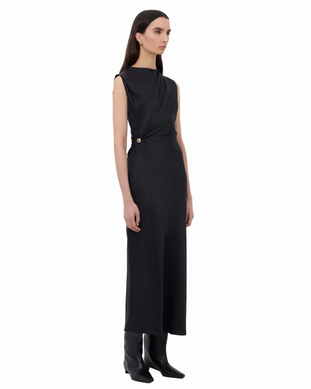 Tulle-Overlay Contrast-Piping Roan Draped Dress in Black