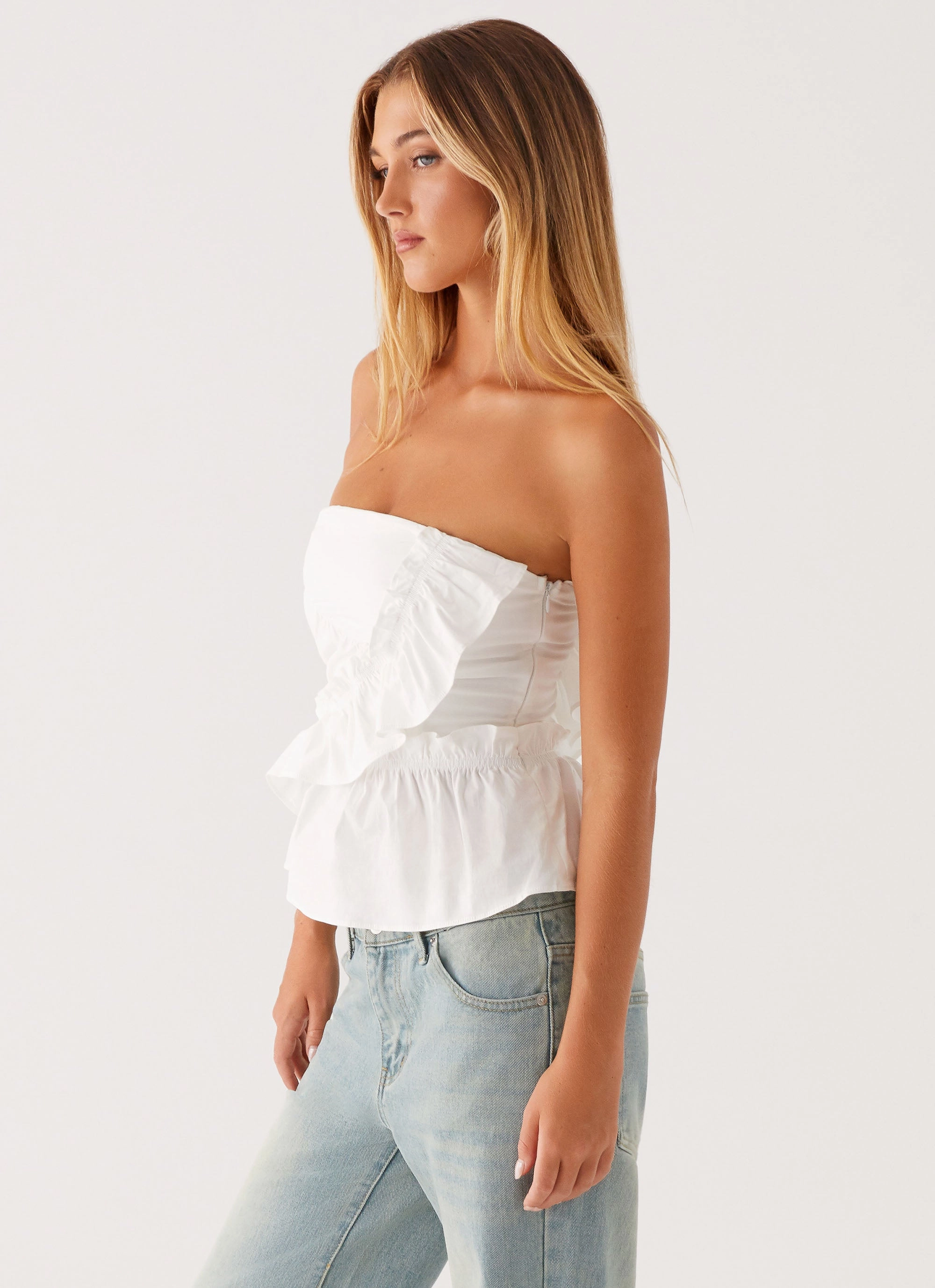 Sheer Overlay Material Roisin Ruched Top - White