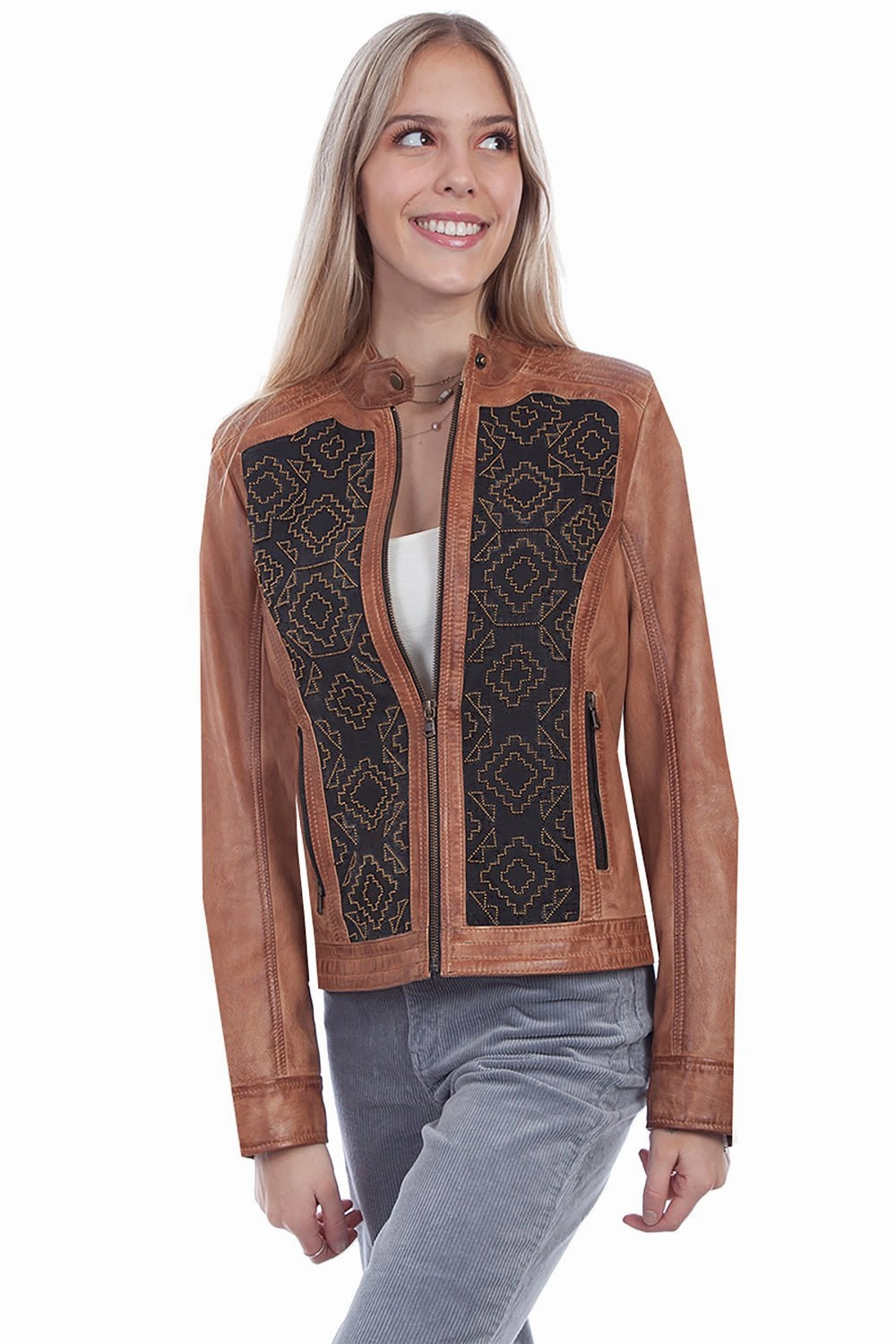 Weather Fit Functional Fit Scully Womens Cognac Lamb Leather Beaded Panel Jacket