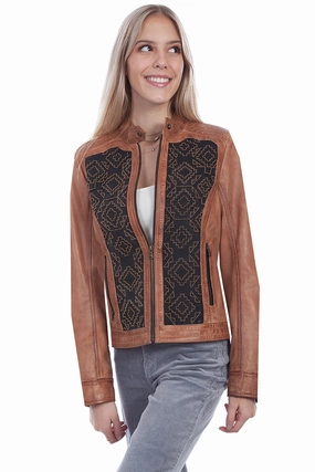 Scully Womens Cognac Lamb Leather Beaded Panel Jacket Temperature Regulating Fill