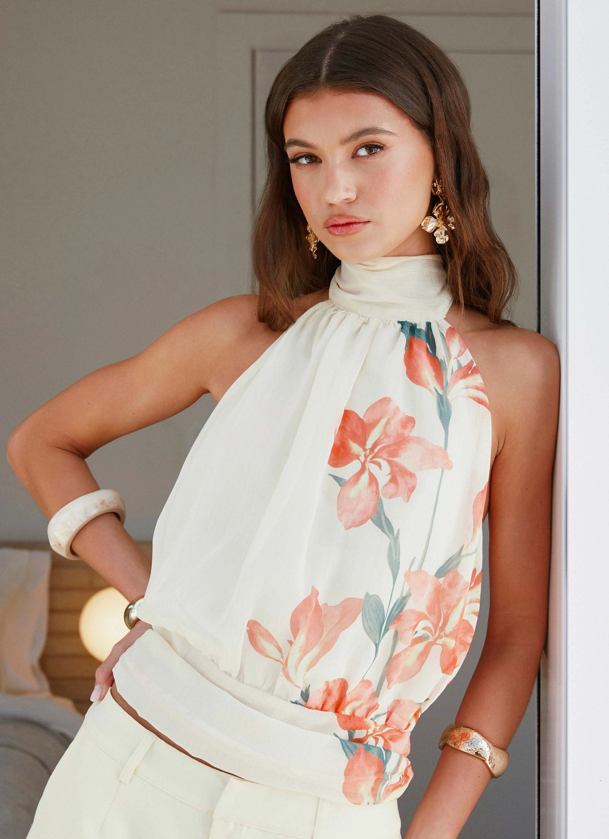 Romelia Halter Top - Siena Floral Metallic Fiber Blend UVProtectionCoating