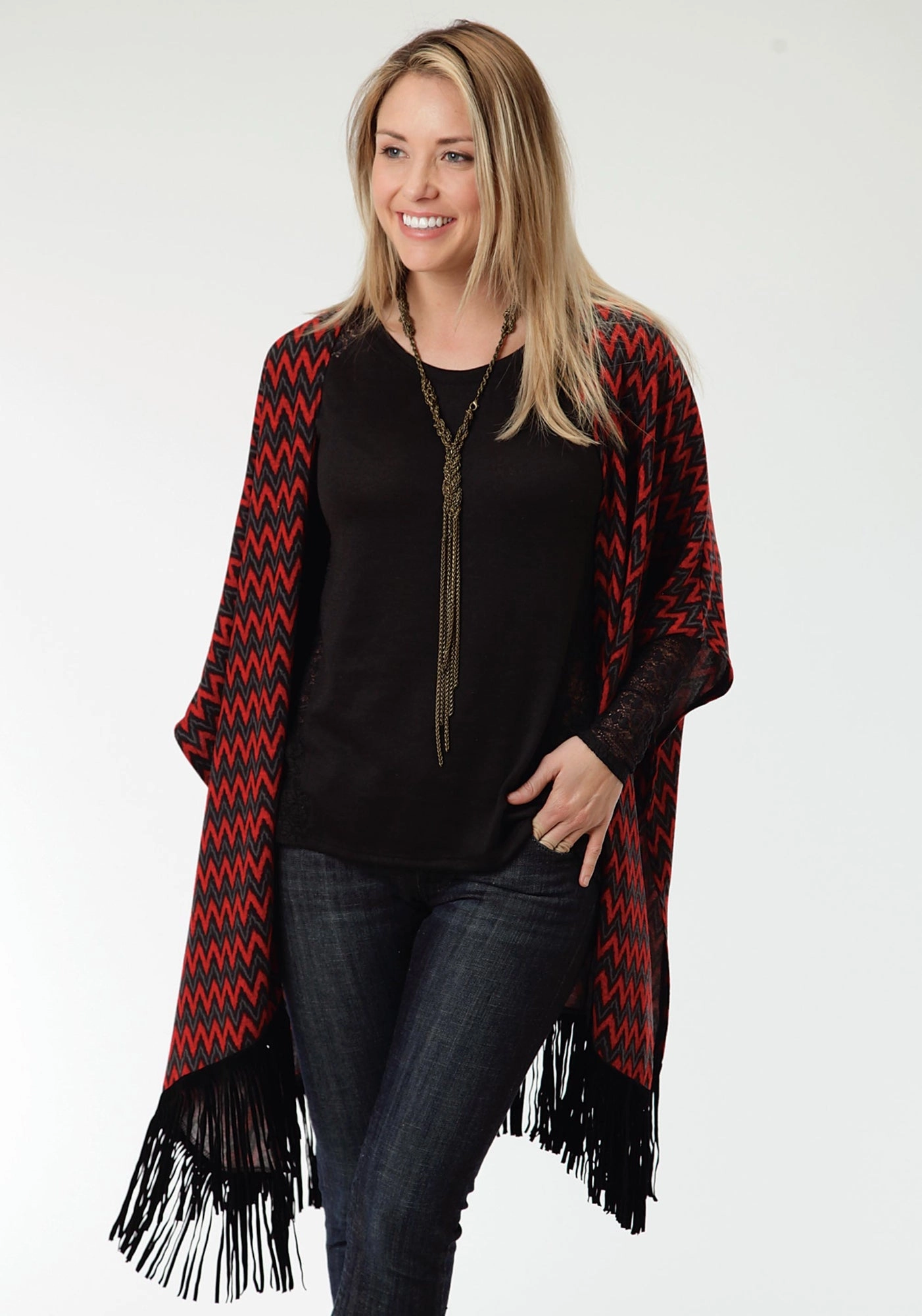 Double Layered Collars Roper Black Chevron Ladies Red Polyester Poncho Sweater