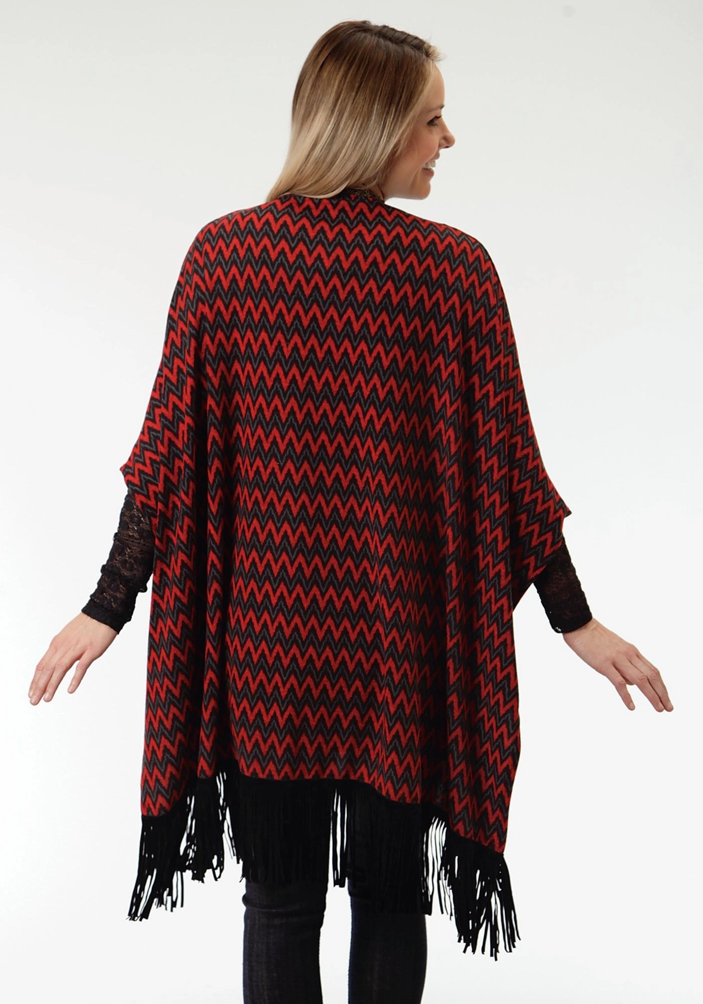 Ethical Production Knitwear Winter Styling Roper Black Chevron Ladies Red Polyester Poncho Sweater