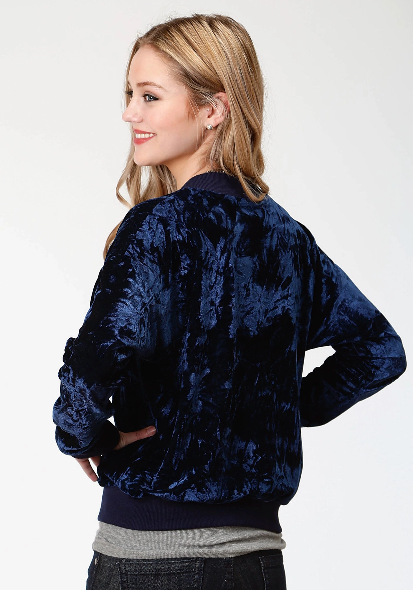 Smooth Flat Collar Ultra Compact Packing Design Roper Bomber Womens Navy Polyester Crushed Velvet Jacket