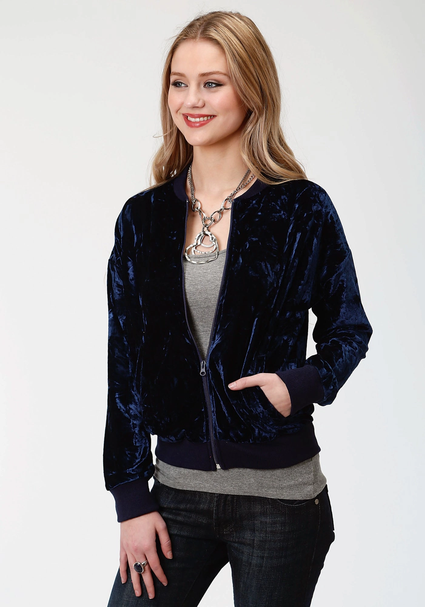Roper Bomber Womens Navy Polyester Crushed Velvet Jacket Cool Climate