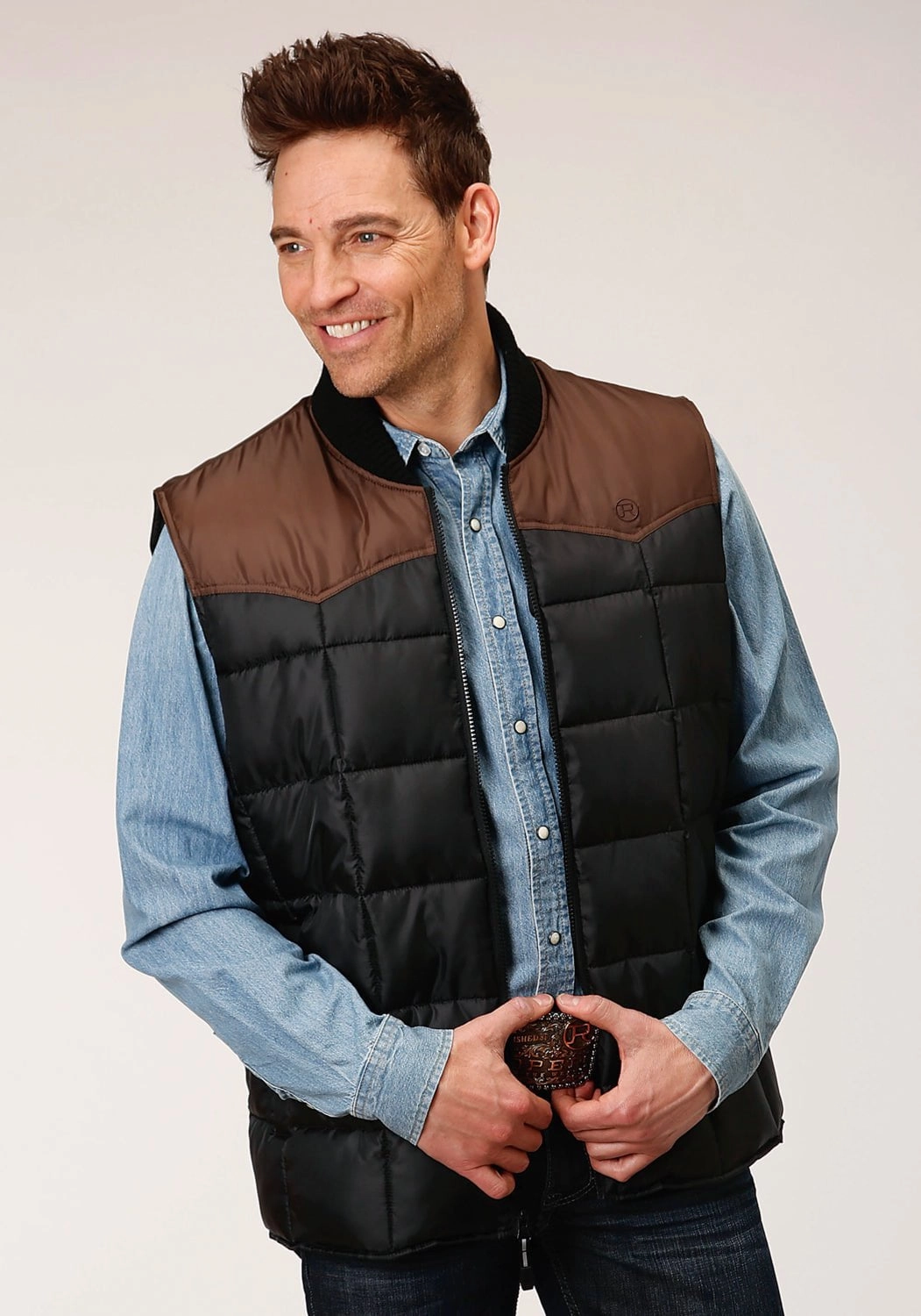 Noise Reduced Fabrics Flexible Mobility Roper Mens Black/Brown Polyester Insulated Vest
