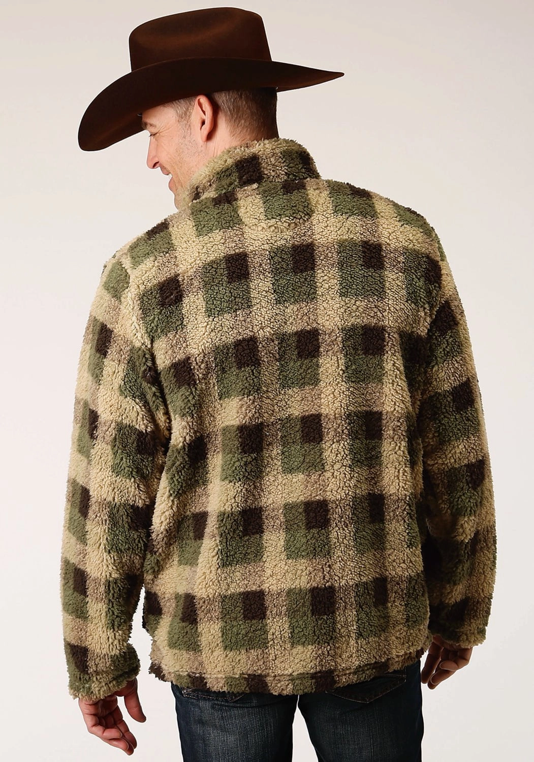 Roper Mens Brown/Green Polyester Polar Fleece Check Jacket Reinforced Elbows