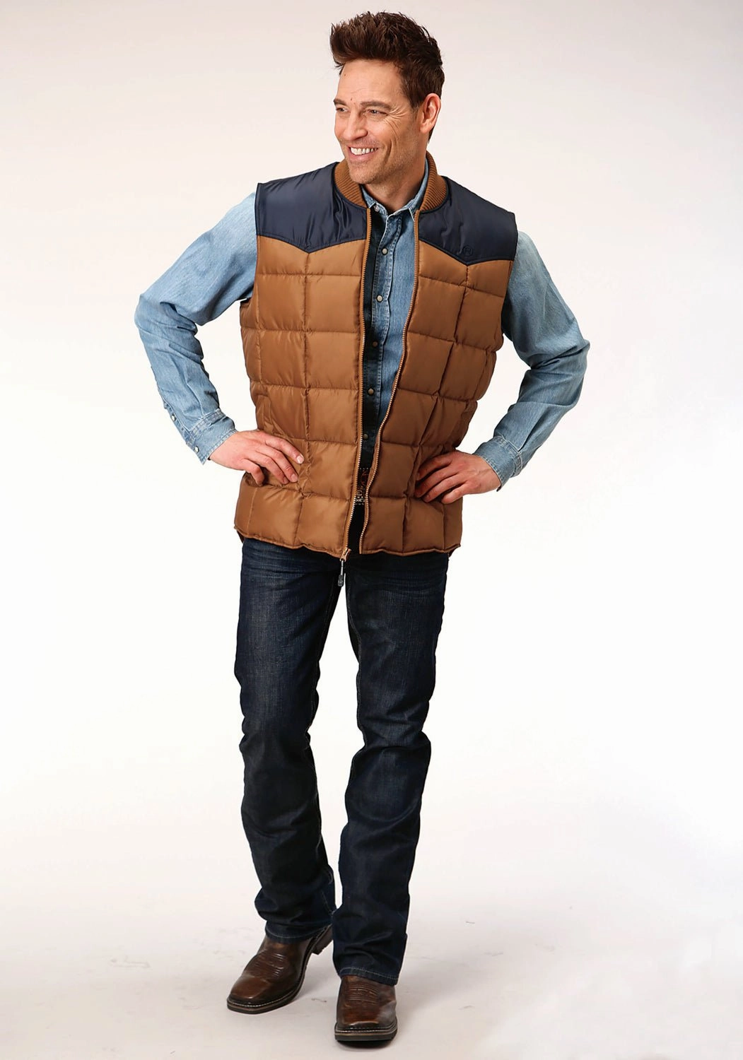 Roper Mens Brown Polyester Quilted Insulated Vest Poly Blend Bonded Fabric