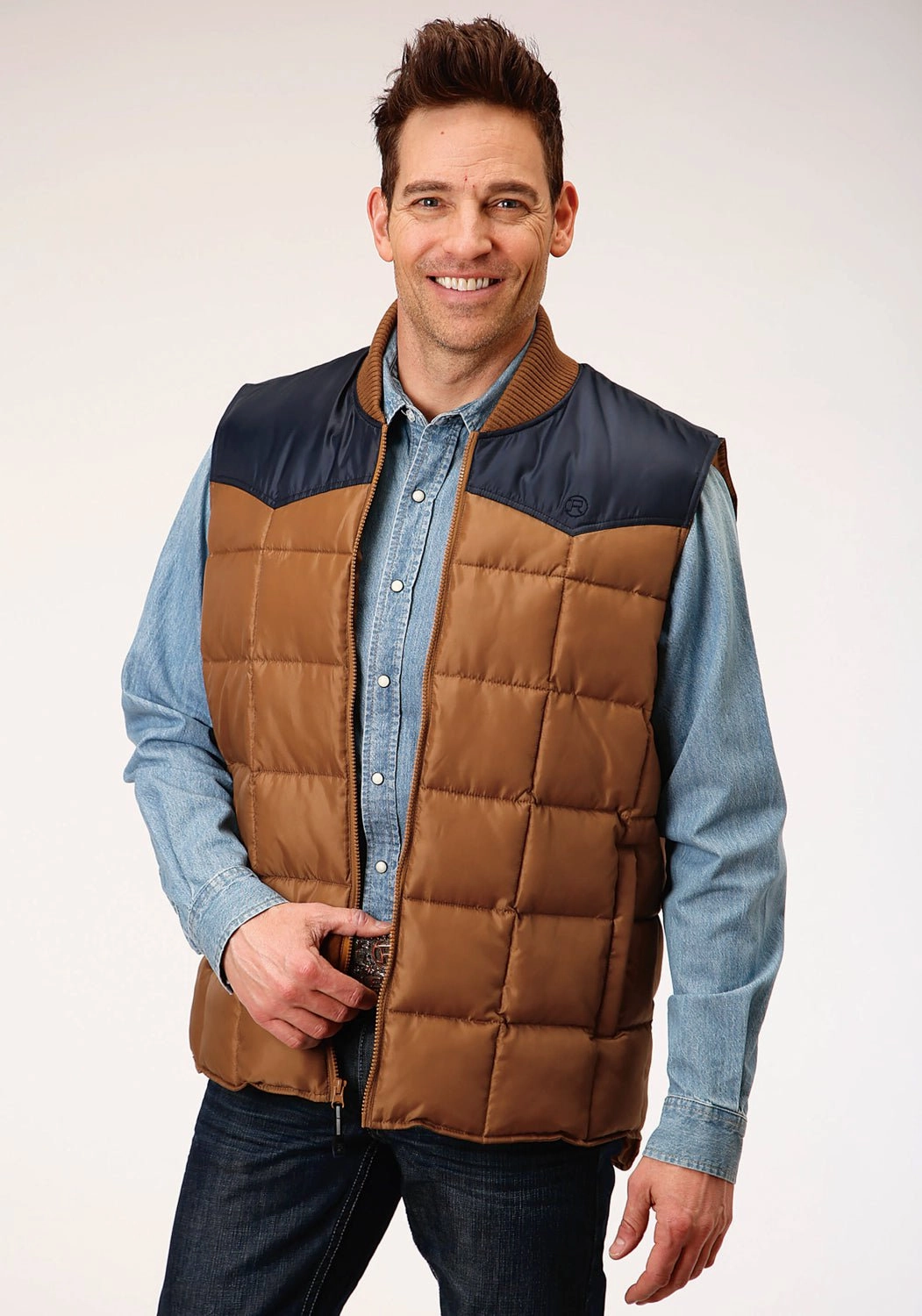 Roper Mens Brown Polyester Quilted Insulated Vest DoubleLayeredHem Logo Free Style