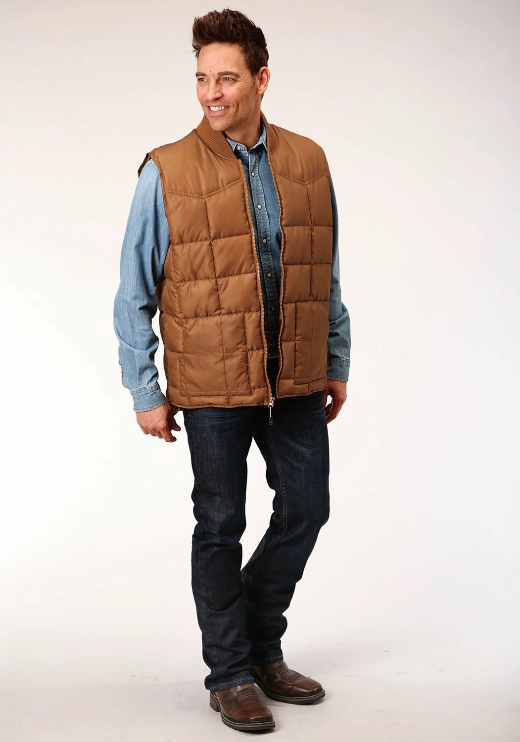Roper Mens Caramel Polyester Insulated Vest Luxury Appeal Flexible Elbow Patches