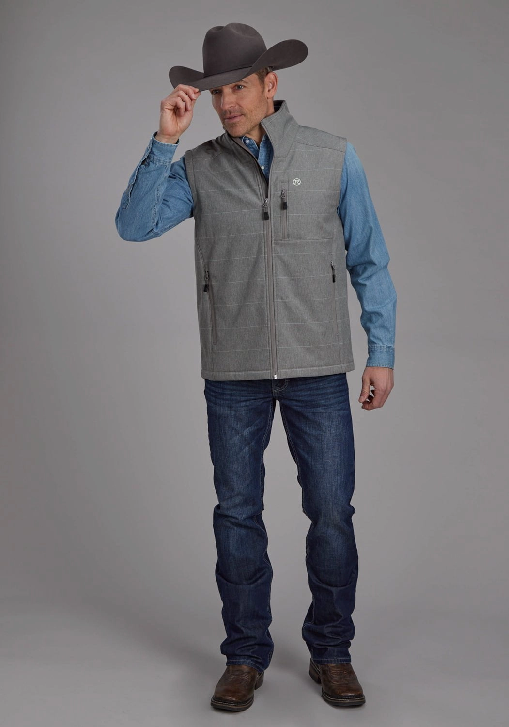 Roper Mens Hi-Tech Technical Taupe Polyester Softshell Vest Cross Ventilation Panels