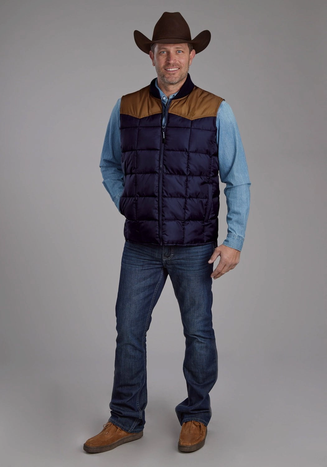 Roper Mens Insulated Western Blue/Tan 100% Polyester Softshell Vest Micro Perforated Panels Sporty Touch