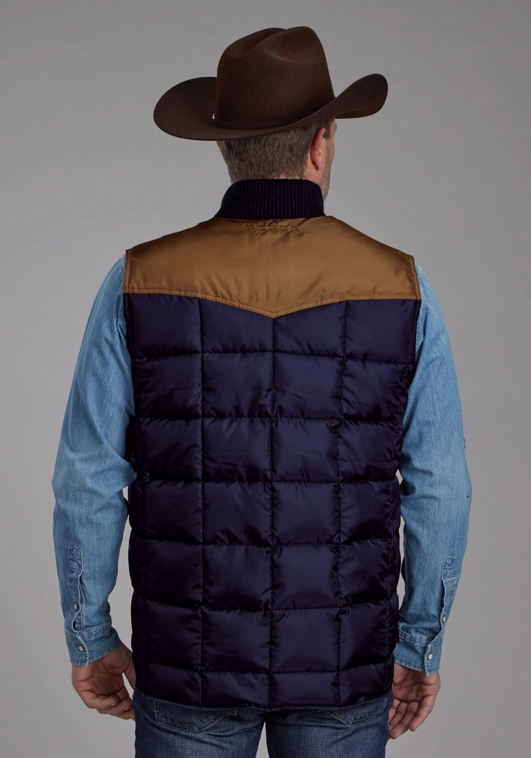 Roper Mens Insulated Western Blue/Tan 100% Polyester Softshell Vest Layered Collar Pattern Print