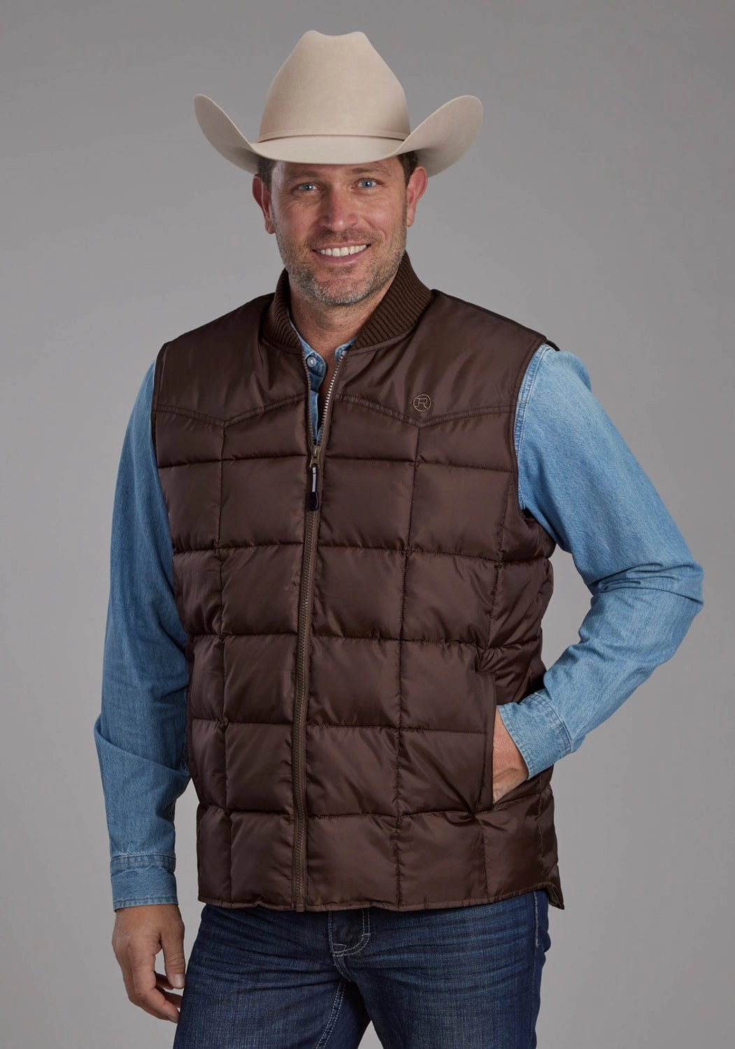 Roper Mens Insulated Western Chocolate 100% Polyester Softshell Vest Softshell Material Multi Layer Design
