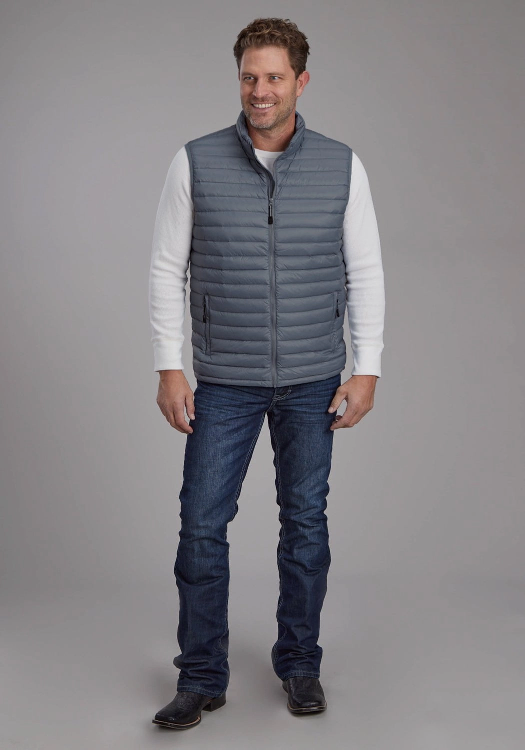 Thermal Lined Adjustable Cuff Roper Mens Parachute Down Silver Blue 100% Nylon Softshell Vest