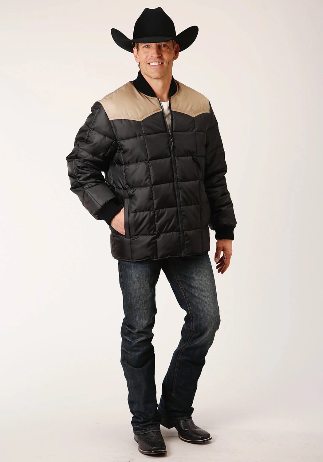 Roper Mens Western Quilted Black 100% Polyester Insulated Jacket Practical Everyday Fit Collapsible Packable Style