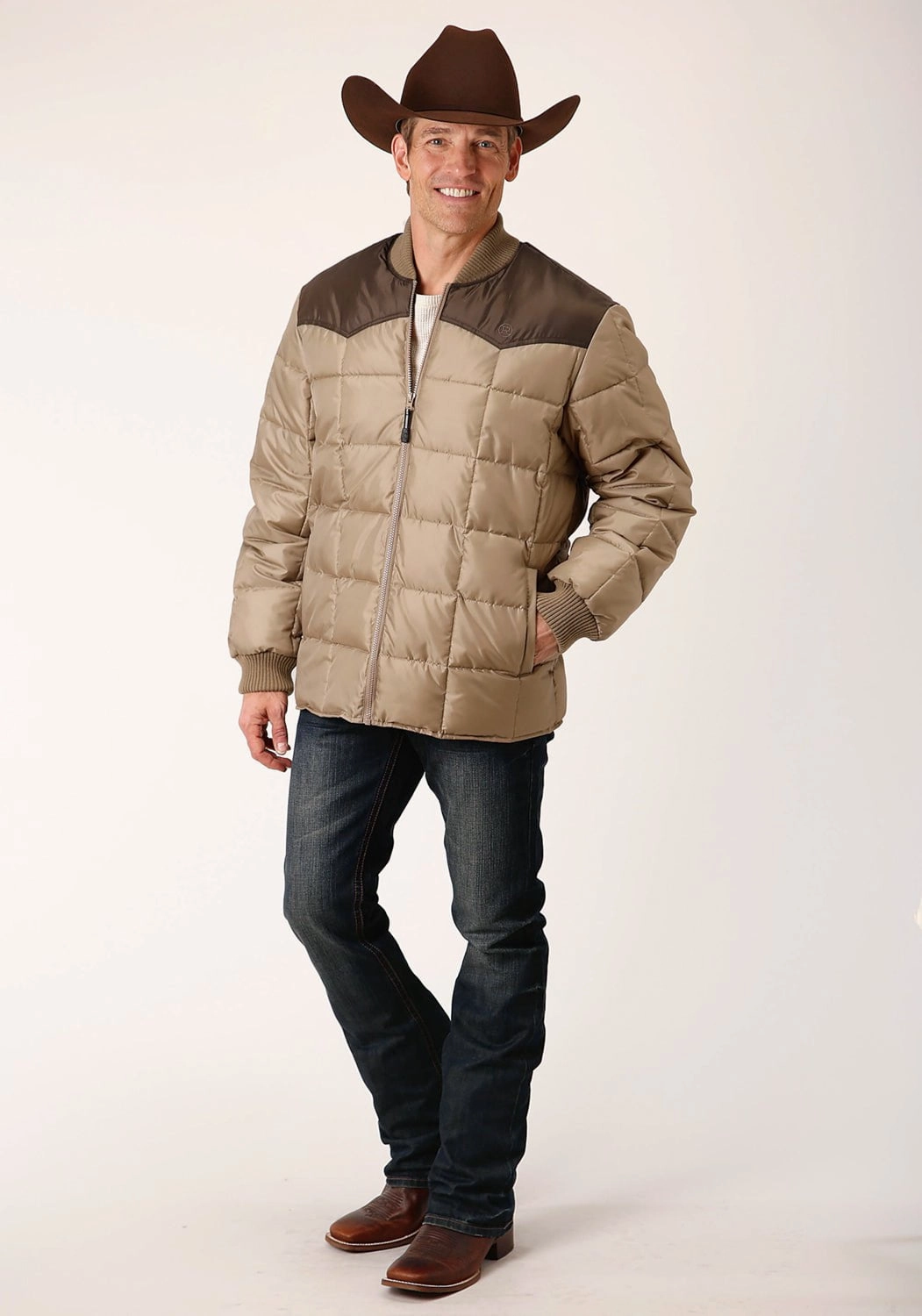 Roper Mens Western Quilted Brown 100% Polyester Insulated Jacket Heavy Duty Zippers Clean Lines