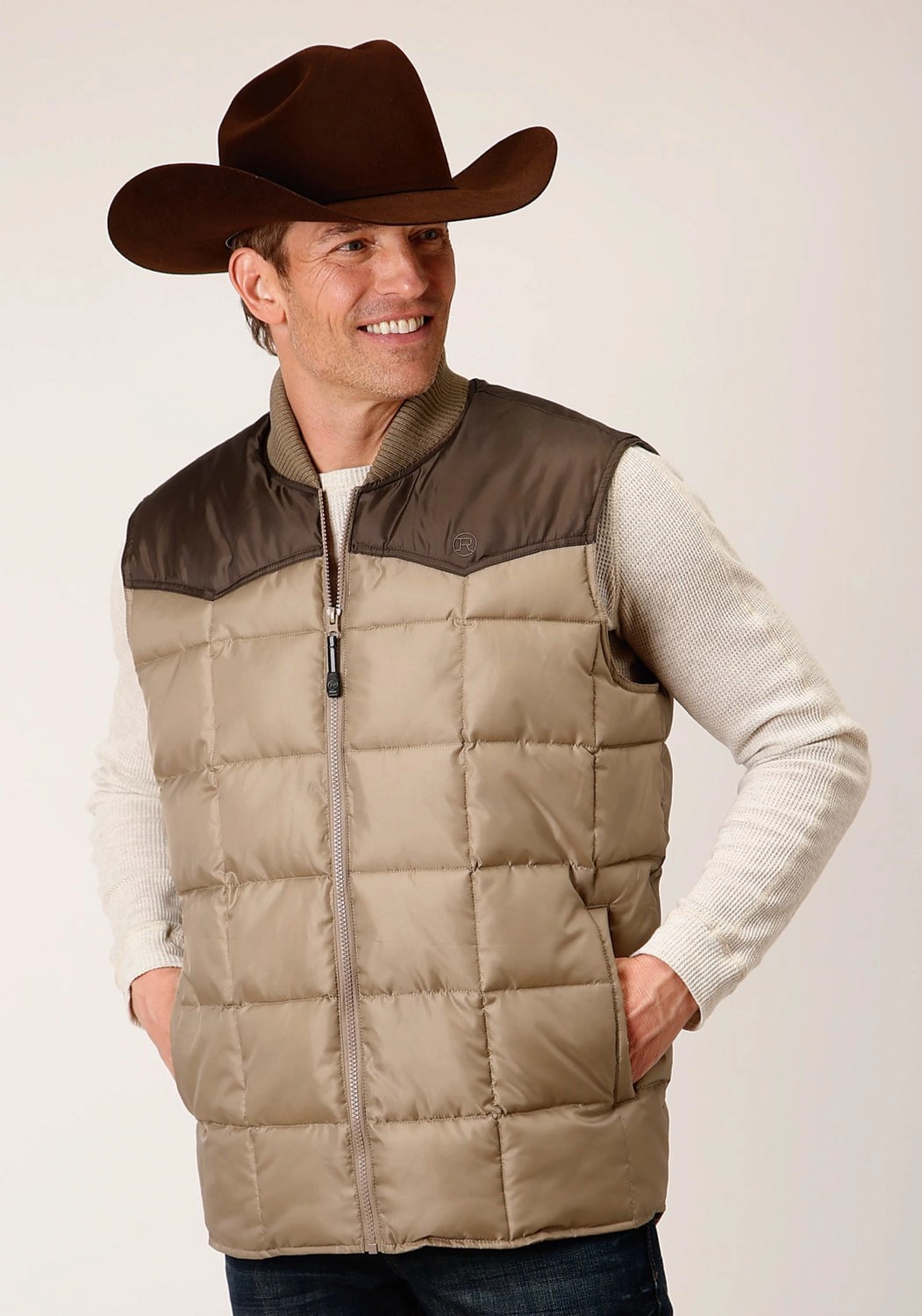 Roper Mens Western Quilted Brown 100% Polyester Softshell Vest Water resistant coating MultiLayerSystem