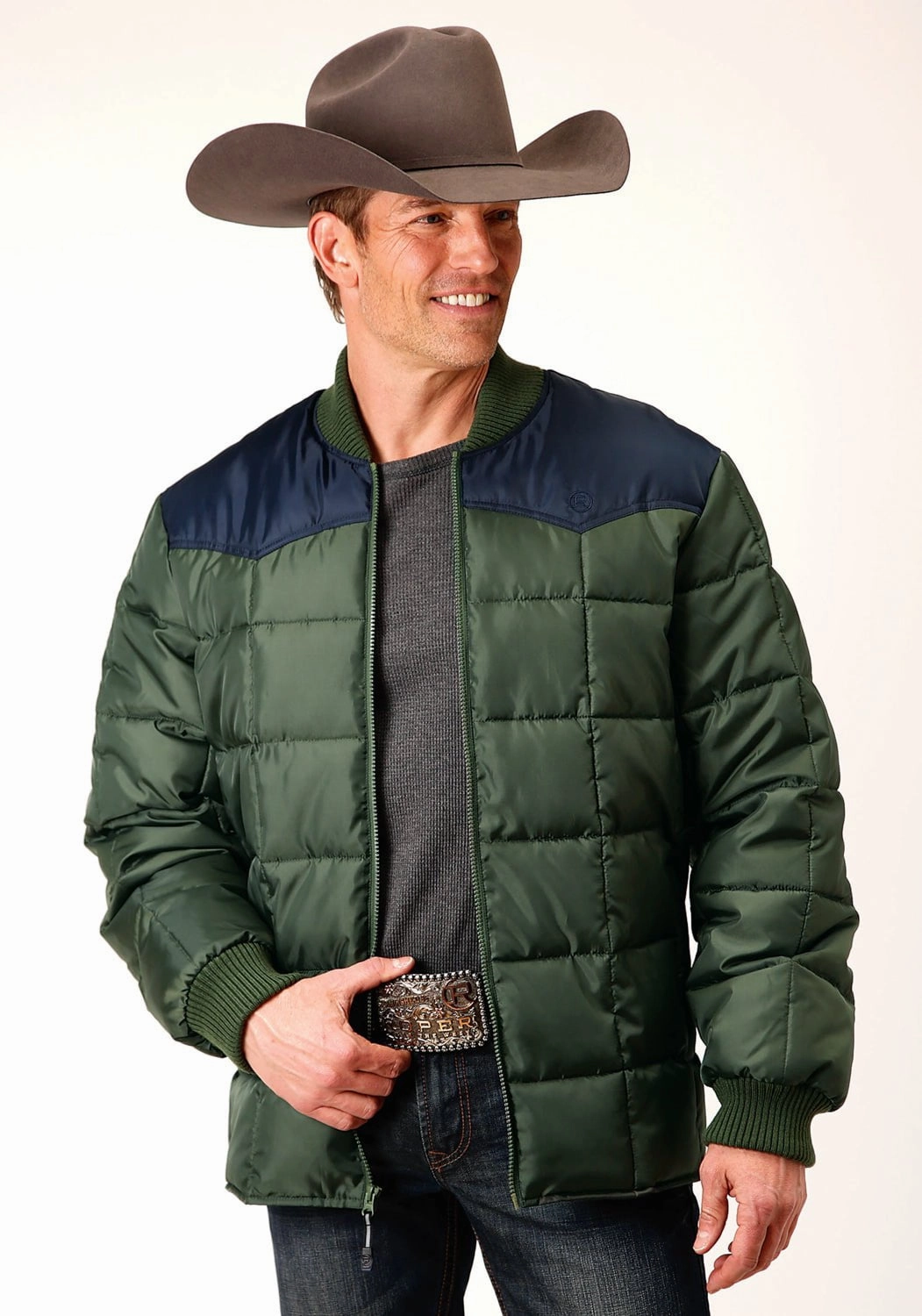 Cotton Twill Roper Mens Western Quilted Green 100% Polyester Insulated Jacket