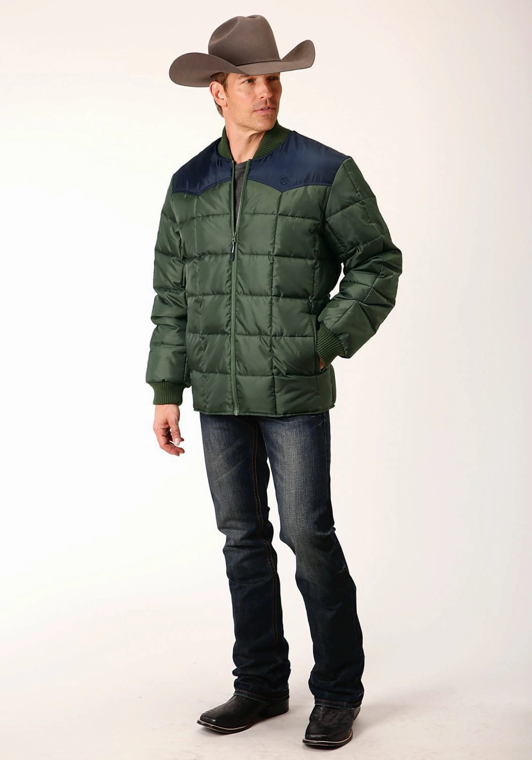 Reinforced Shoulder Padding Roper Mens Western Quilted Green 100% Polyester Insulated Jacket
